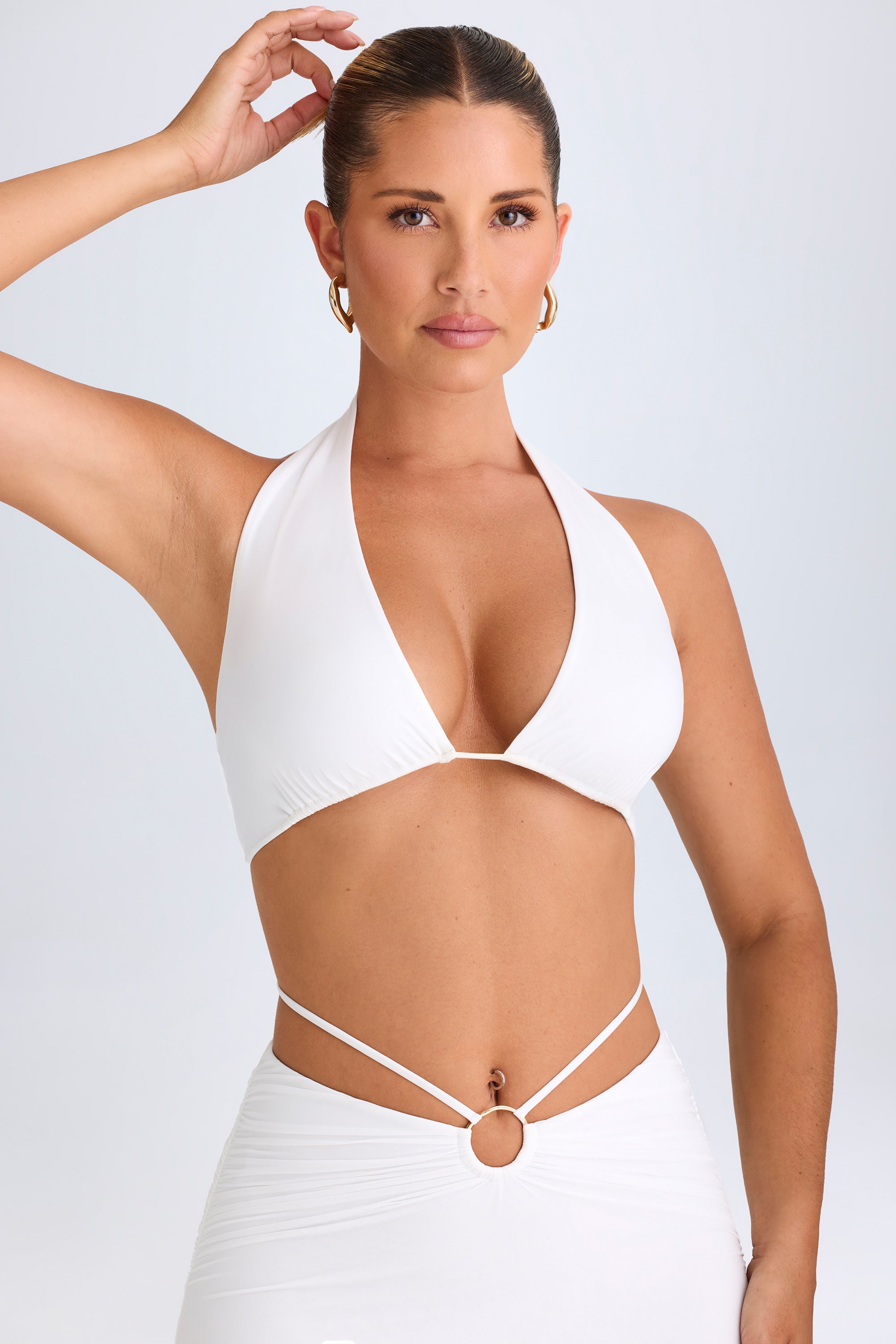 Plunge Hardware-Detail Halterneck Crop Top in White - 1
