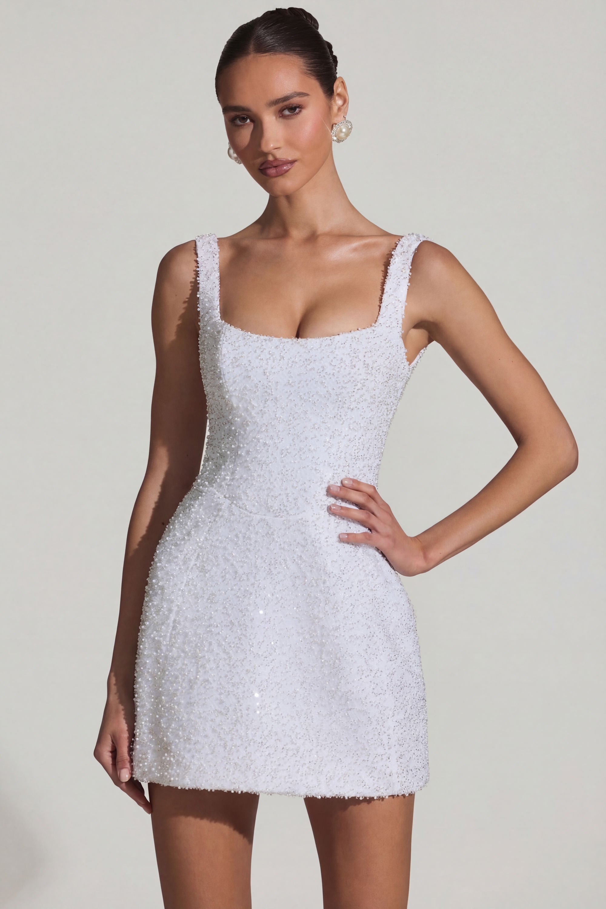 Embellished Structured A-Line Mini Dress in White - 1