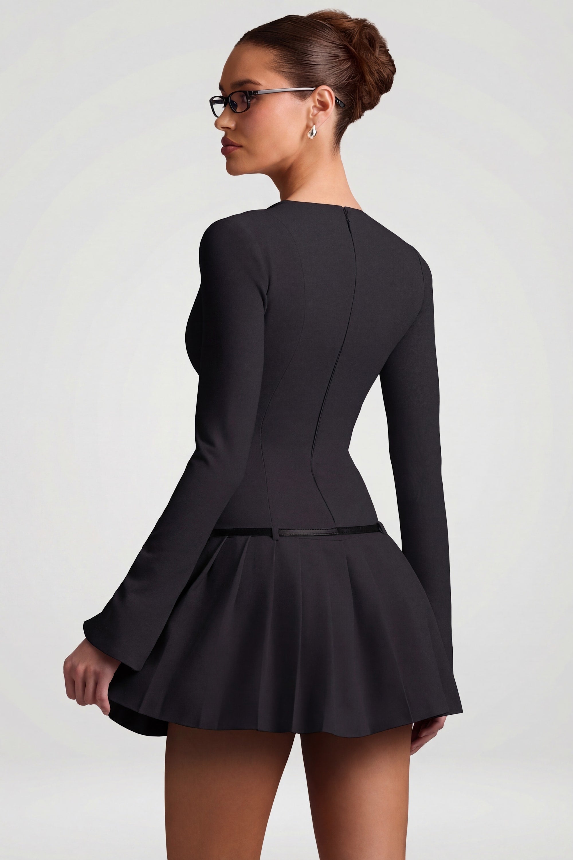 Long-Sleeve Pleated Mini Dress in Black - 2