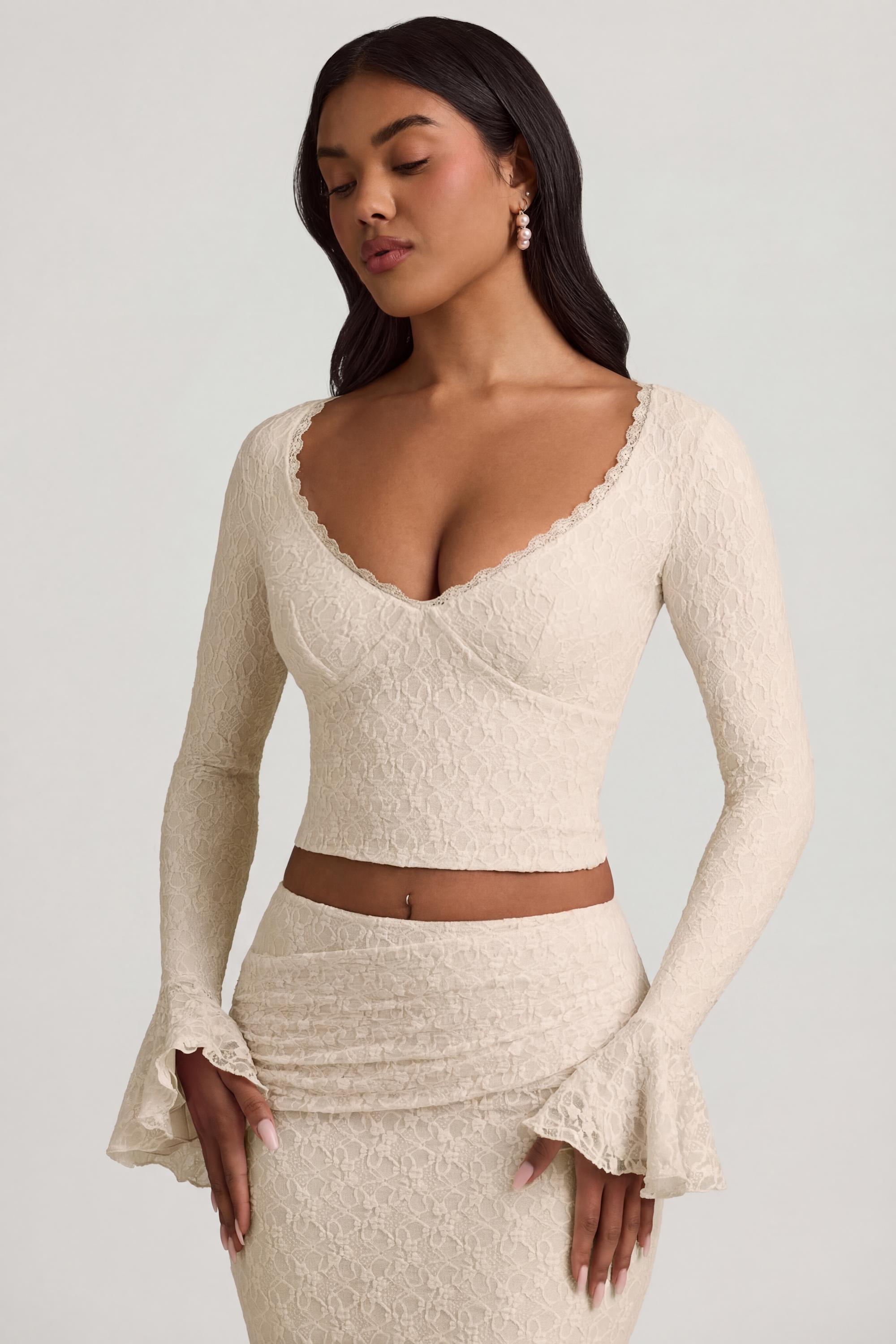 Ruffle Long-Sleeve Lace Top in Ivory - 1