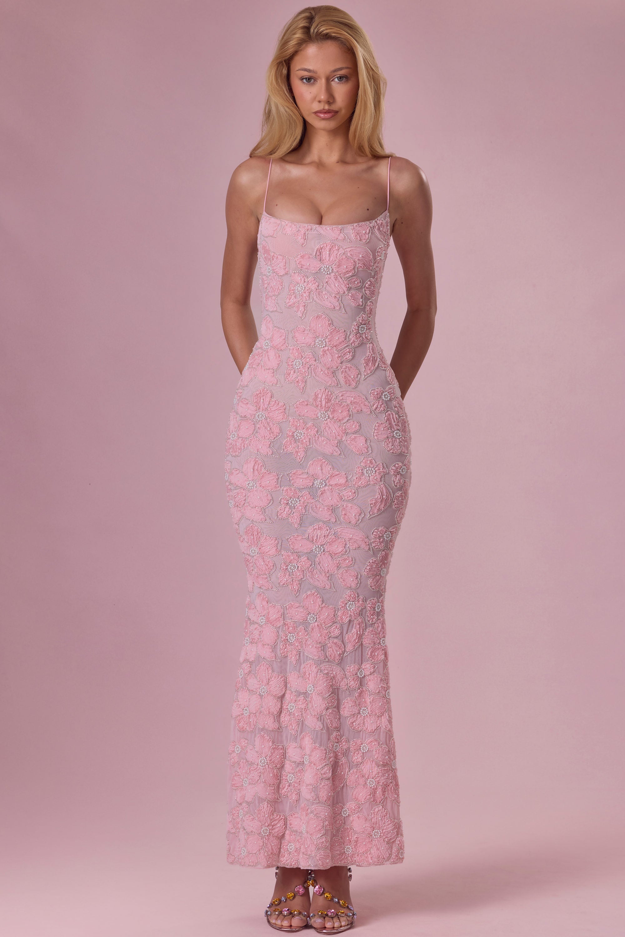 Embellished Square Neck Maxi Dress in Blush Pink - 1