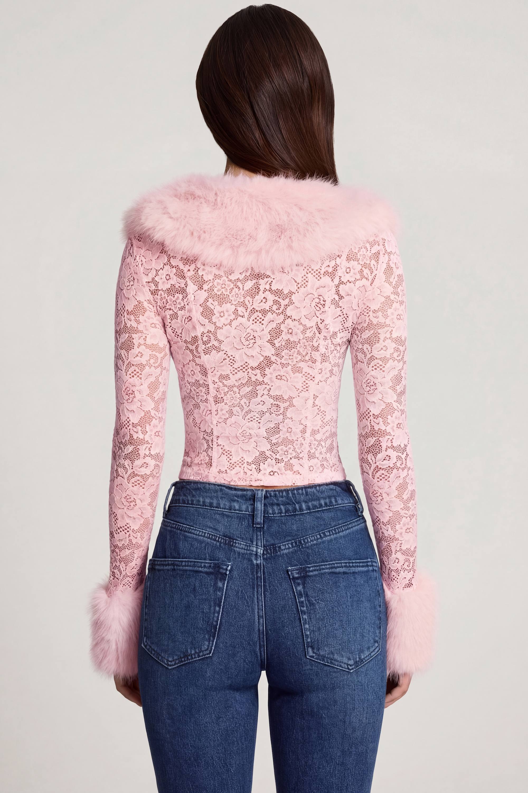 Sheer Lace Faux-Fur-Trim Cardigan in Pink - 2