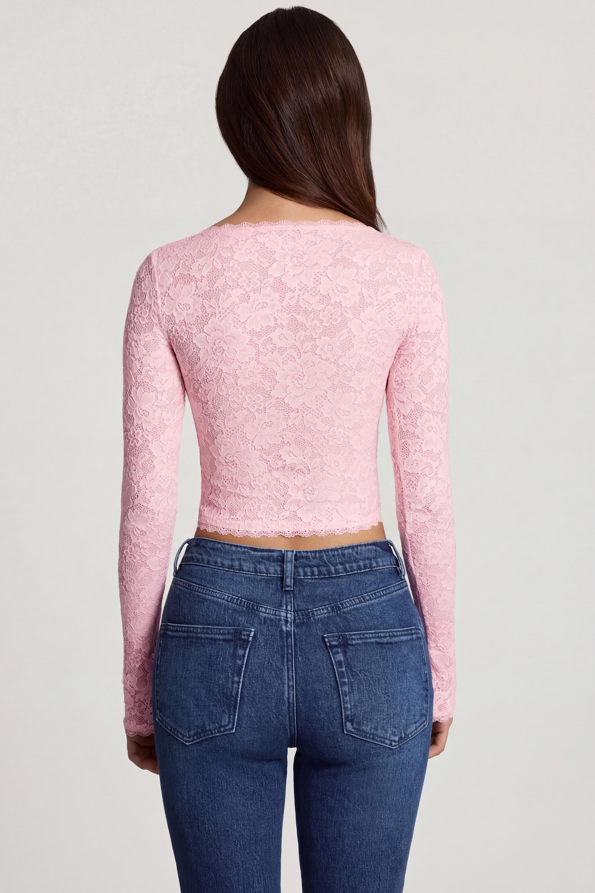 Sheer Lace Plunge-Neck Long-Sleeve Top in Pink - 2