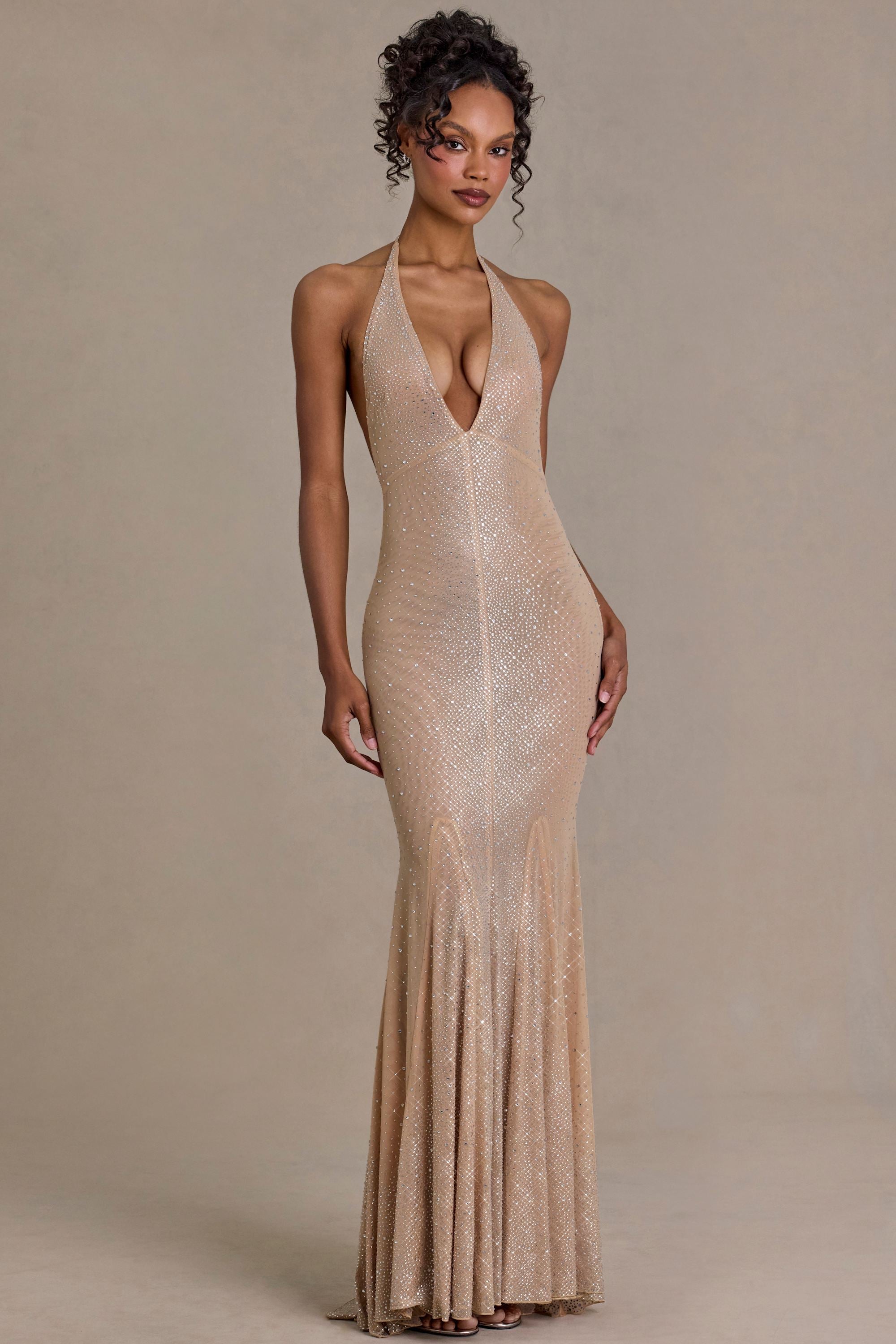 Embellished Plunge-Neck Open-Back Gown in Beige Gold - 1