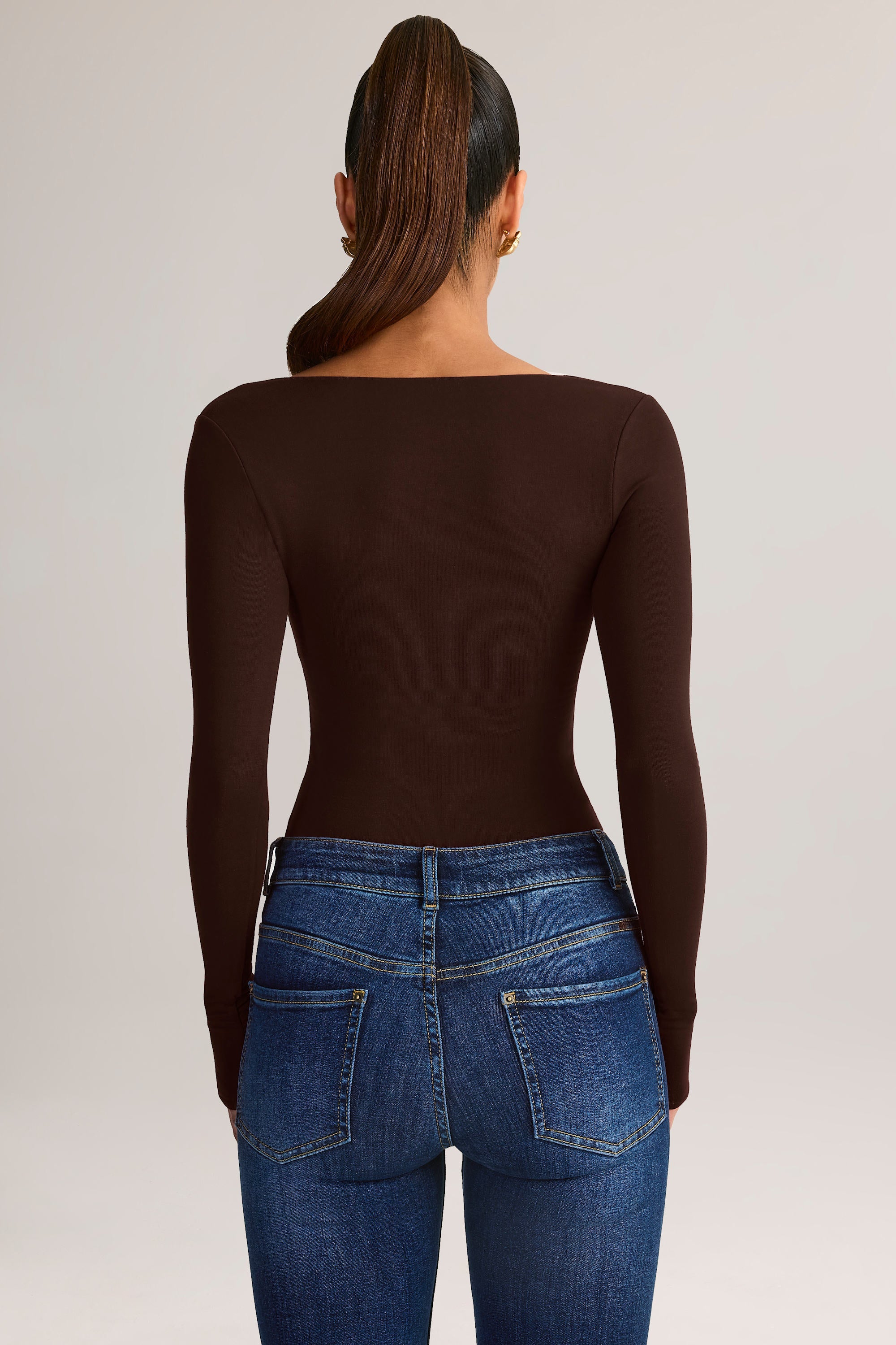 Modal Square-Neck Long-Sleeve Top in Chocolate Brown - 2