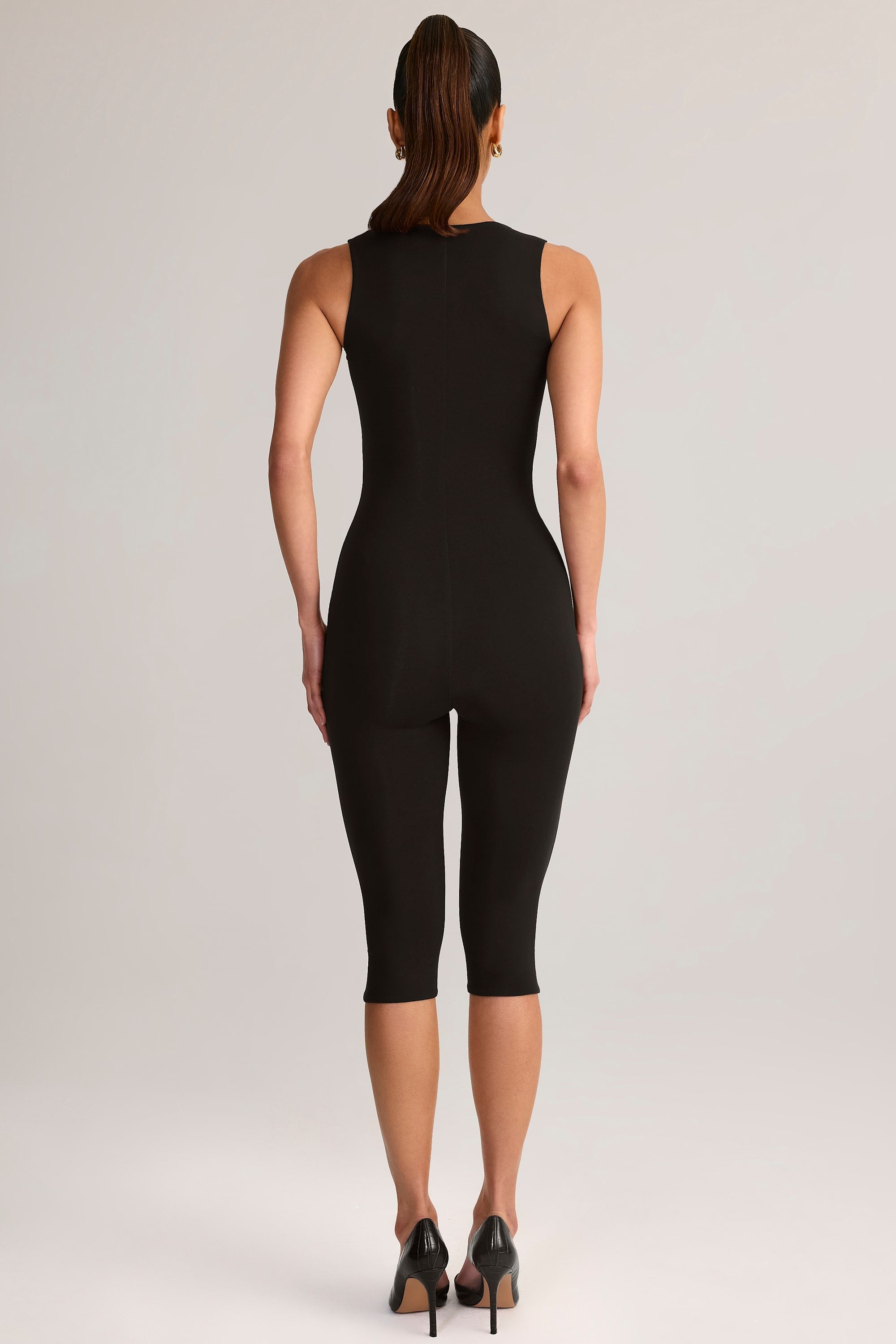 Modal Square-Neck Bodycon Capri Jumpsuit in Black - 2