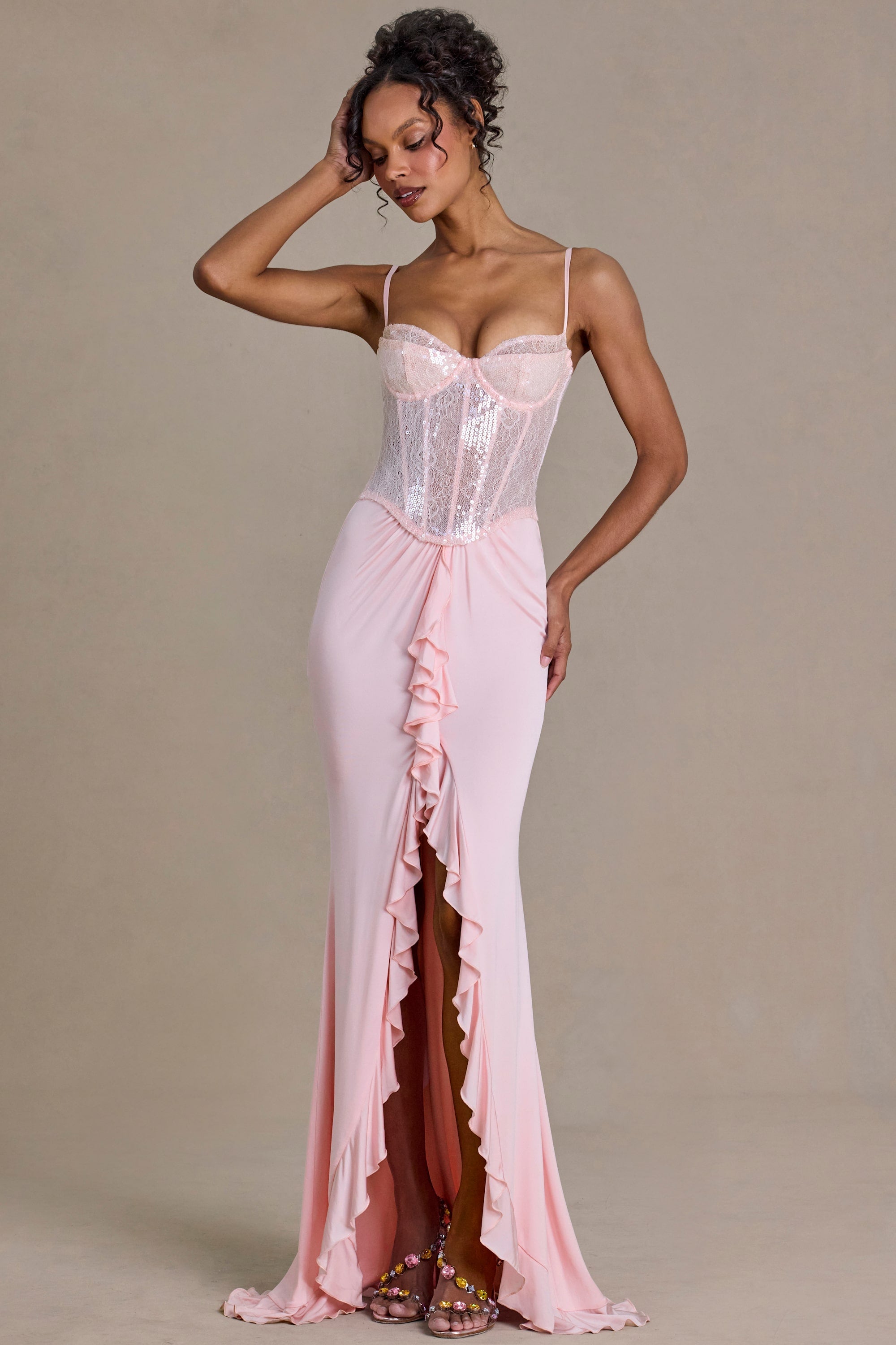 Embellished Lace Corset Gown in Baby Pink - 1