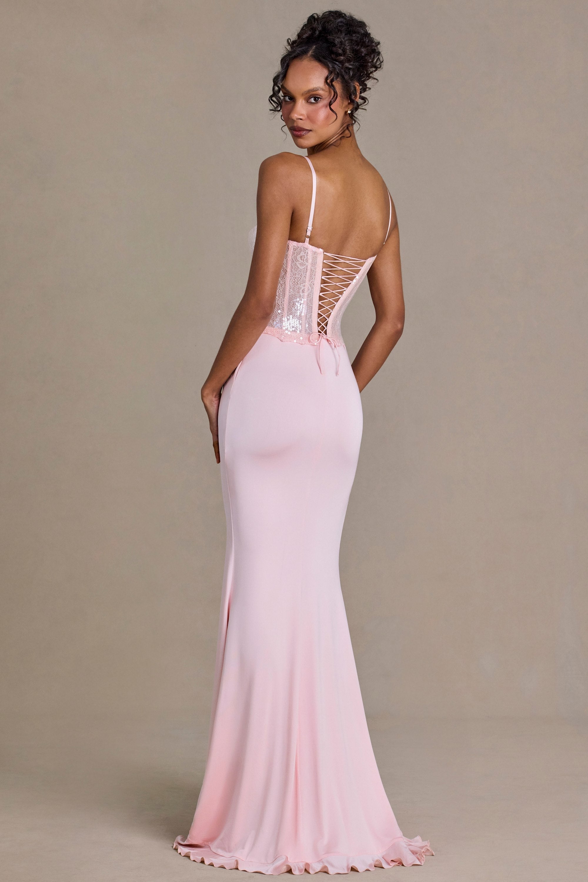 Embellished Lace Corset Gown in Baby Pink - 2