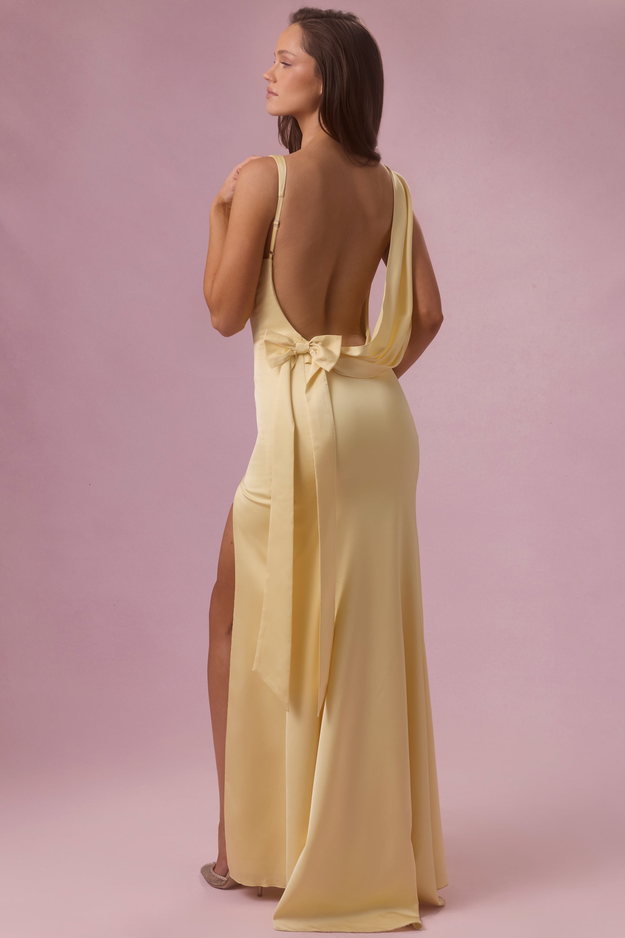 Satin Draped Bridesmaid Dress in Butter Yellow - 1
