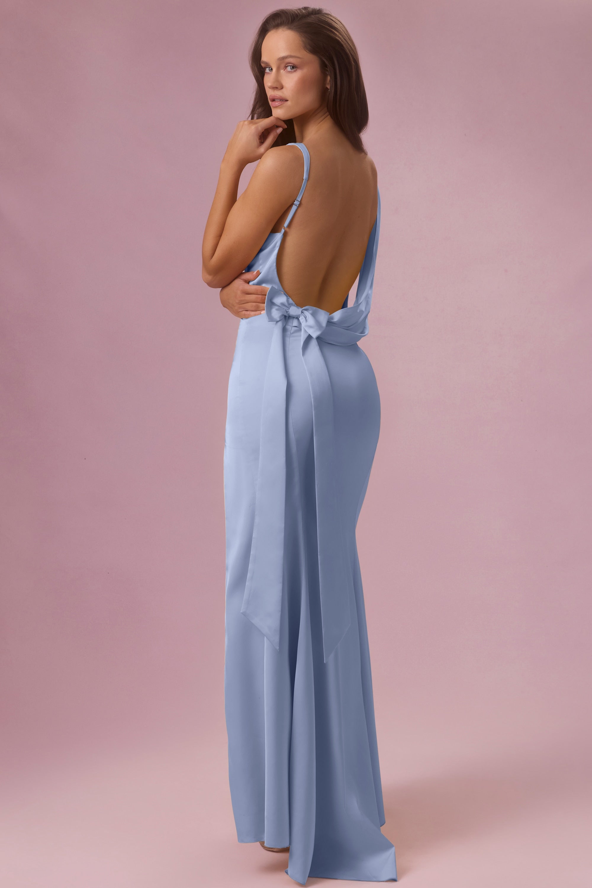 Satin Draped Bridesmaid Dress in Powder Blue - 1