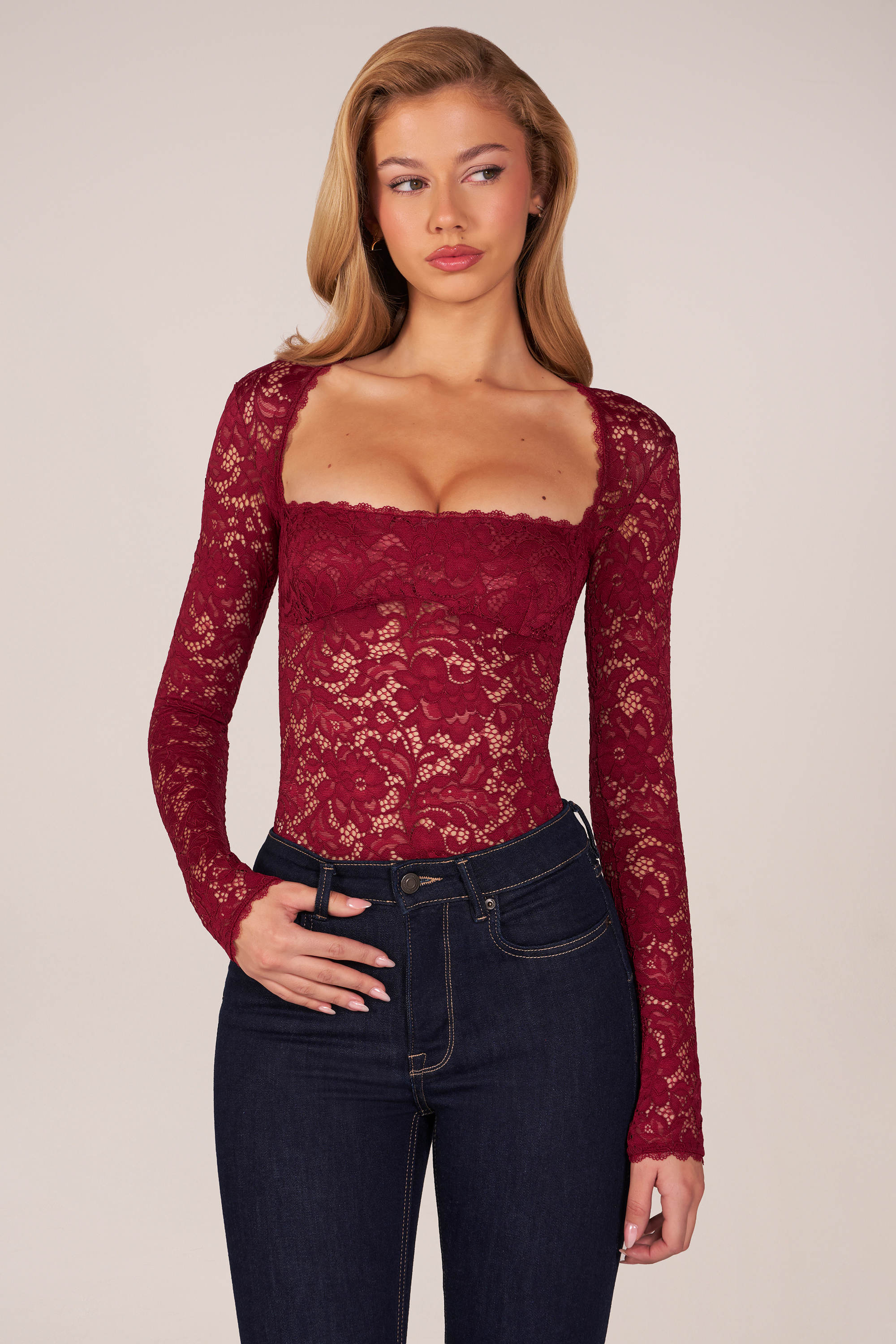 Long-Sleeve Laced Bodysuit in Cherry Red - 1