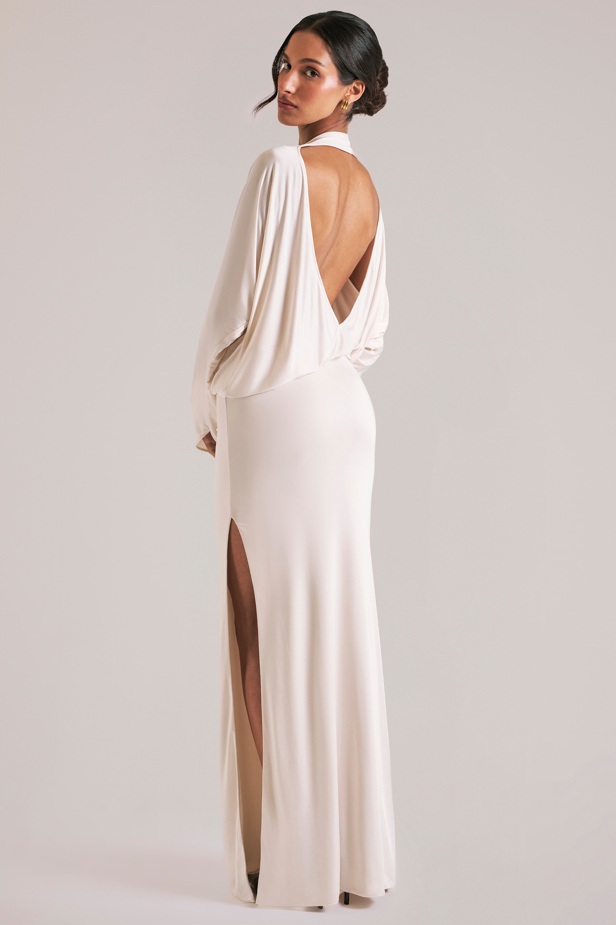 Long-Sleeve Draped Maxi Dress in Ivory - 1