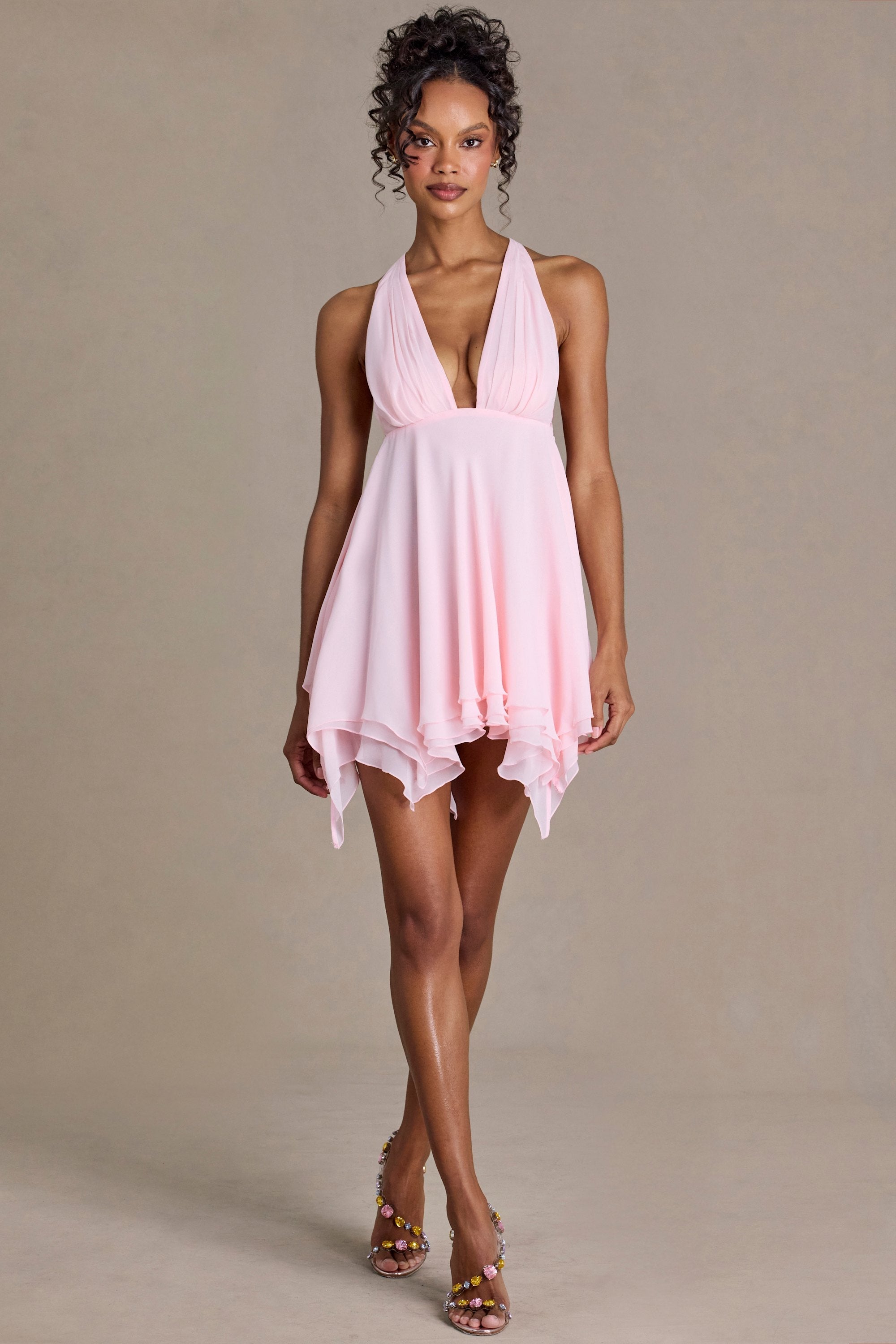Chiffon Plunge-Neck Open-Back Mini Dress in Baby Pink - 2