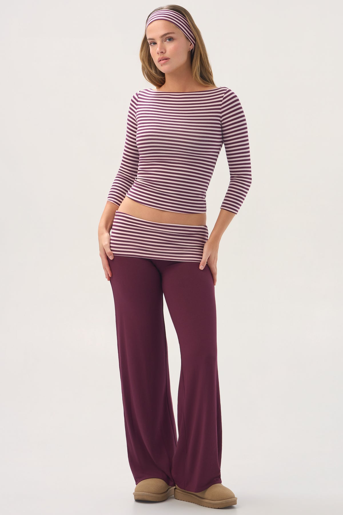 ButterCloud™ 3/4 Sleeve Top in Plum Stripe