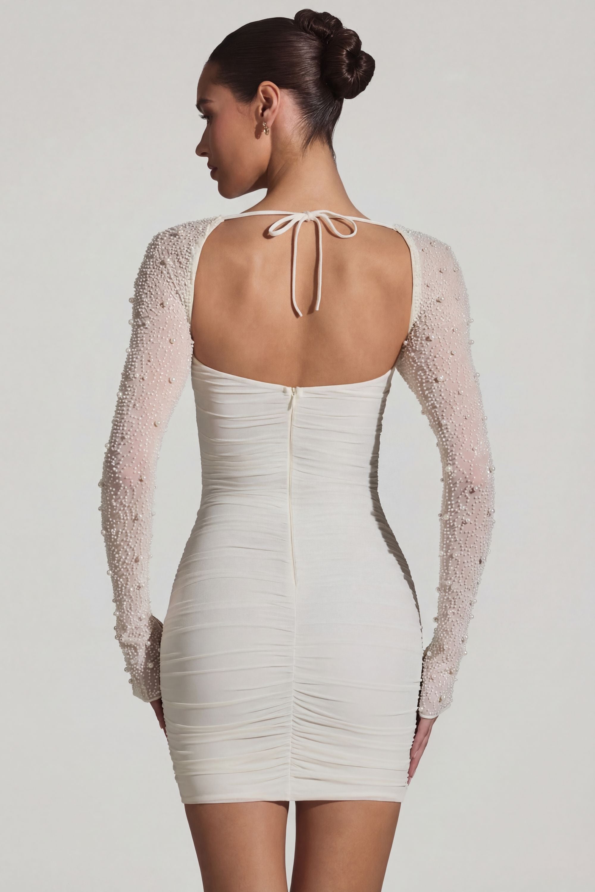 Embellished Long-Sleeve Mini Dress in White - 2