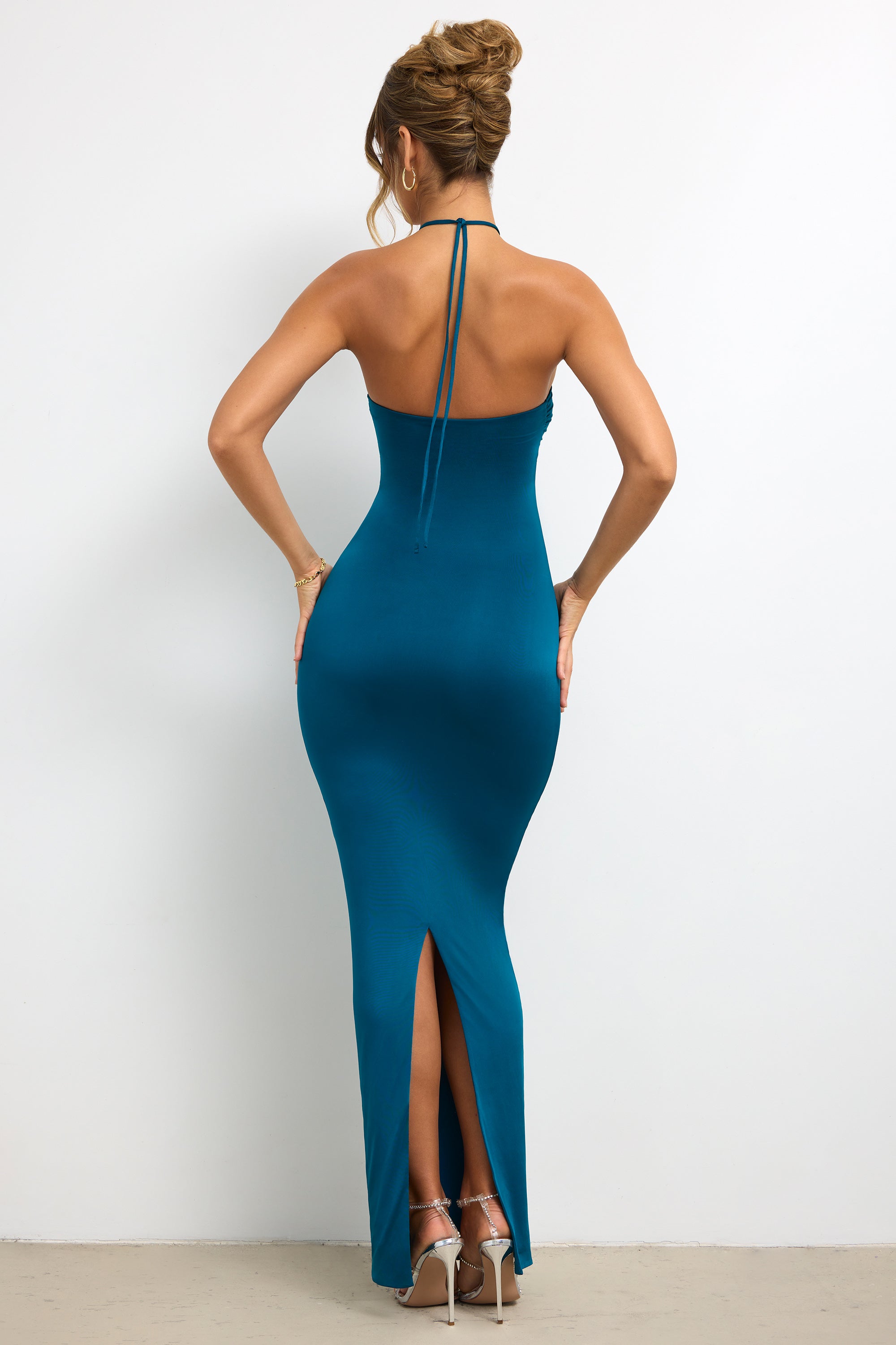 Slinky Jersey Rose Detail Halter Neck Maxi Dress in Dark Teal - 2