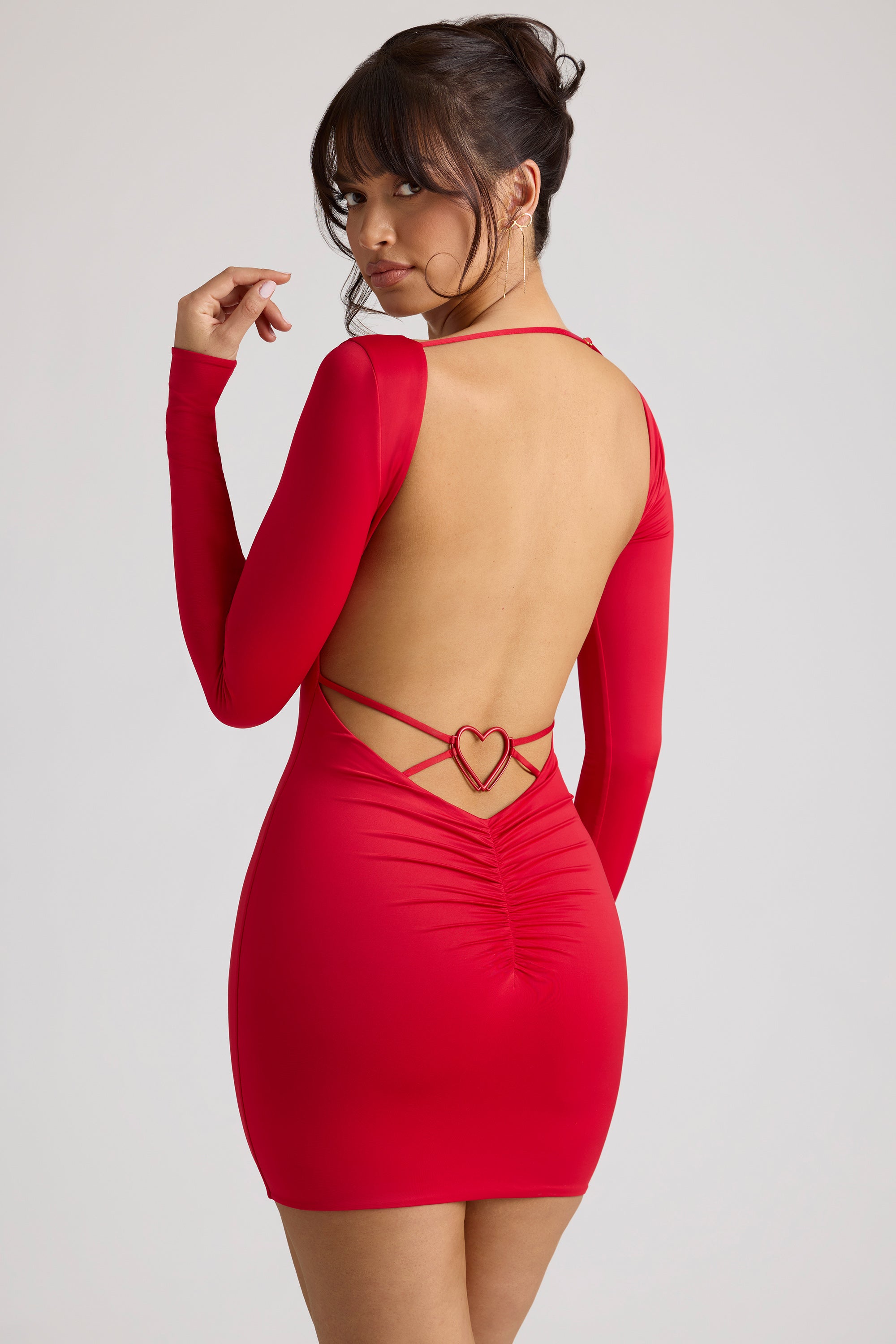 Long Sleeve Sweetheart Neckline Mini Dress in Fire Red - 1