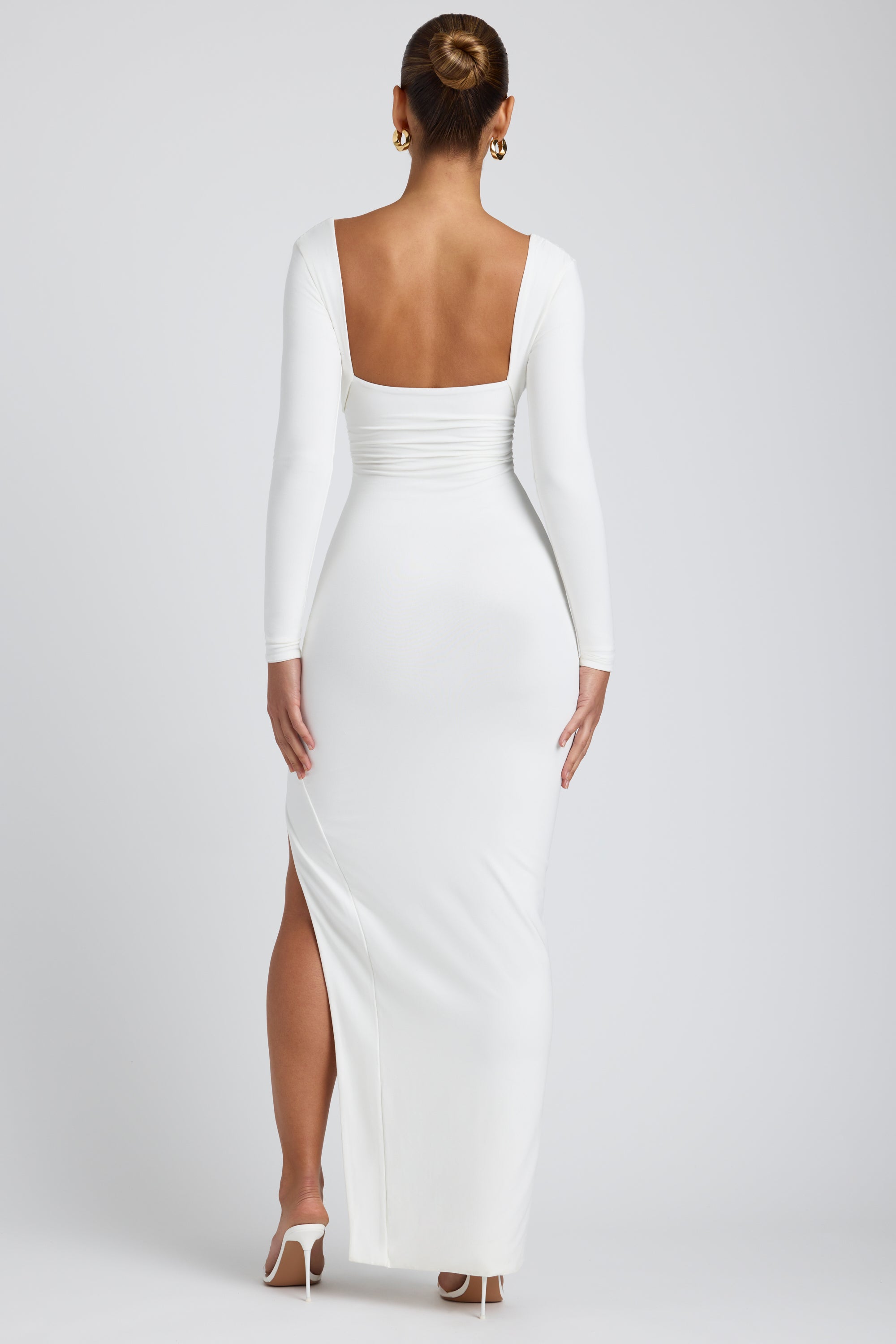 Modal Plunge Neck Long Sleeve Maxi Dress in White - 2