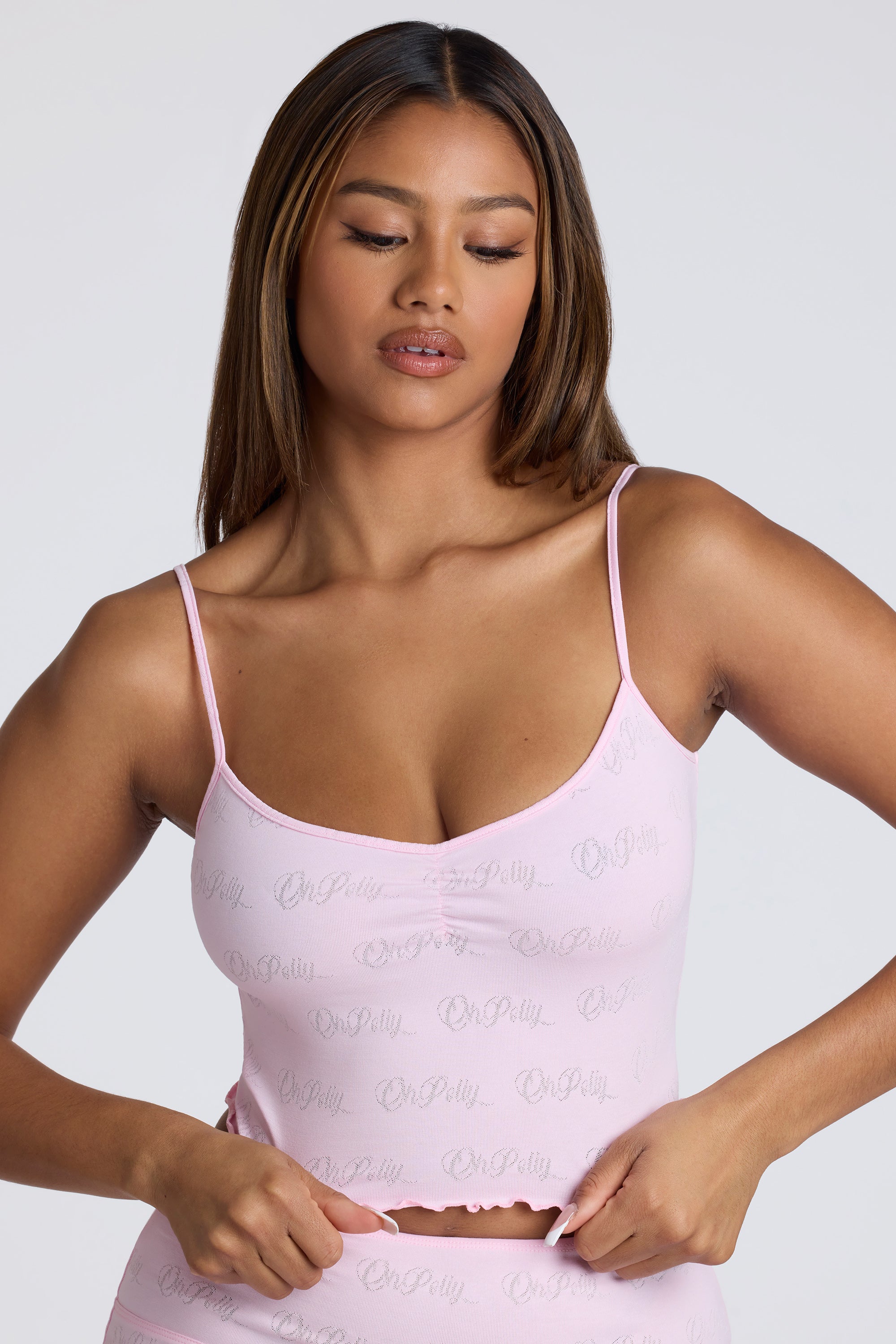 Strappy Ruched Pointelle Crop Top in Pink Lemonade - 1
