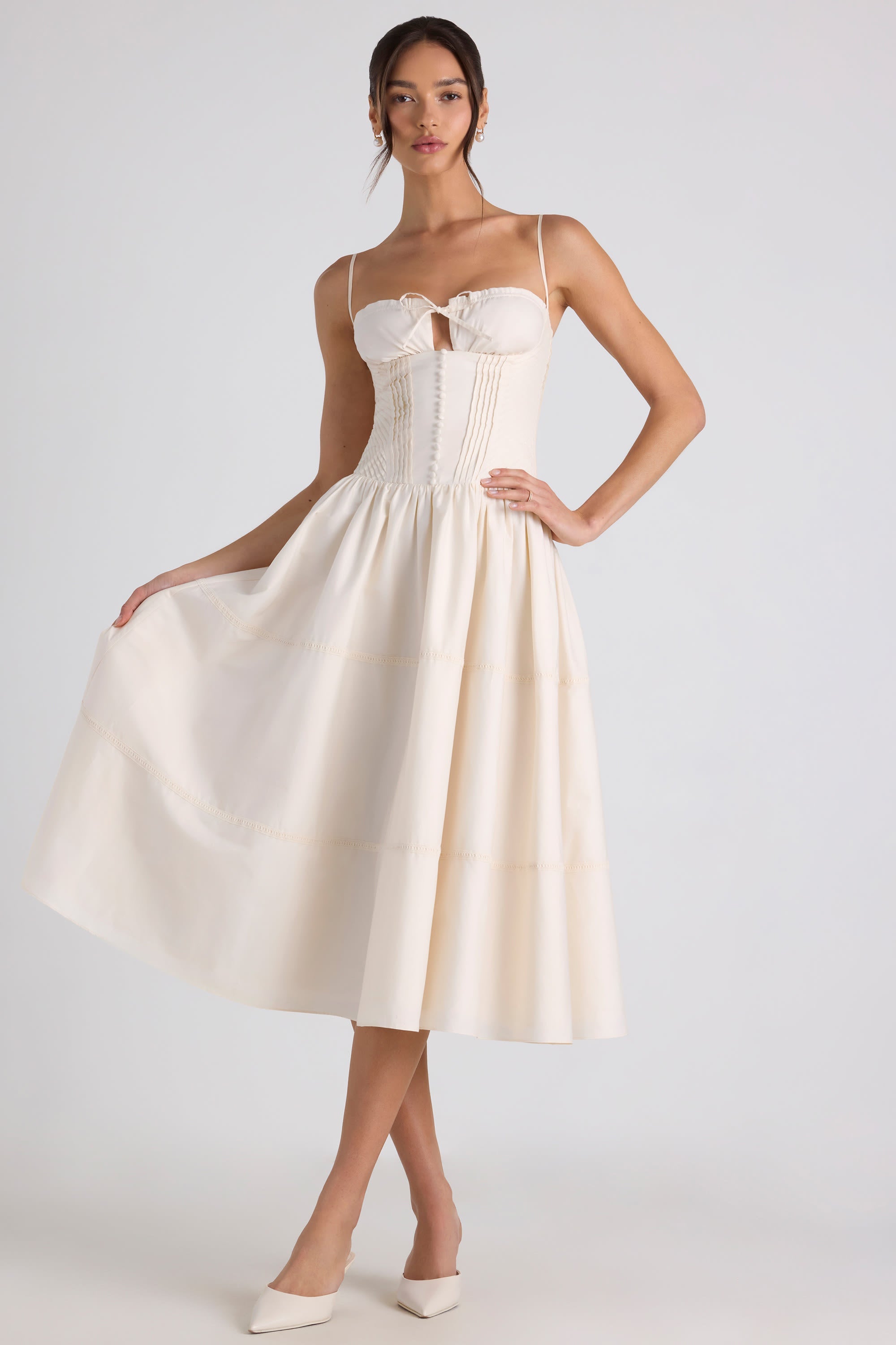 Lace-Trim Pintucked Poplin Midaxi Dress in Ivory - 1