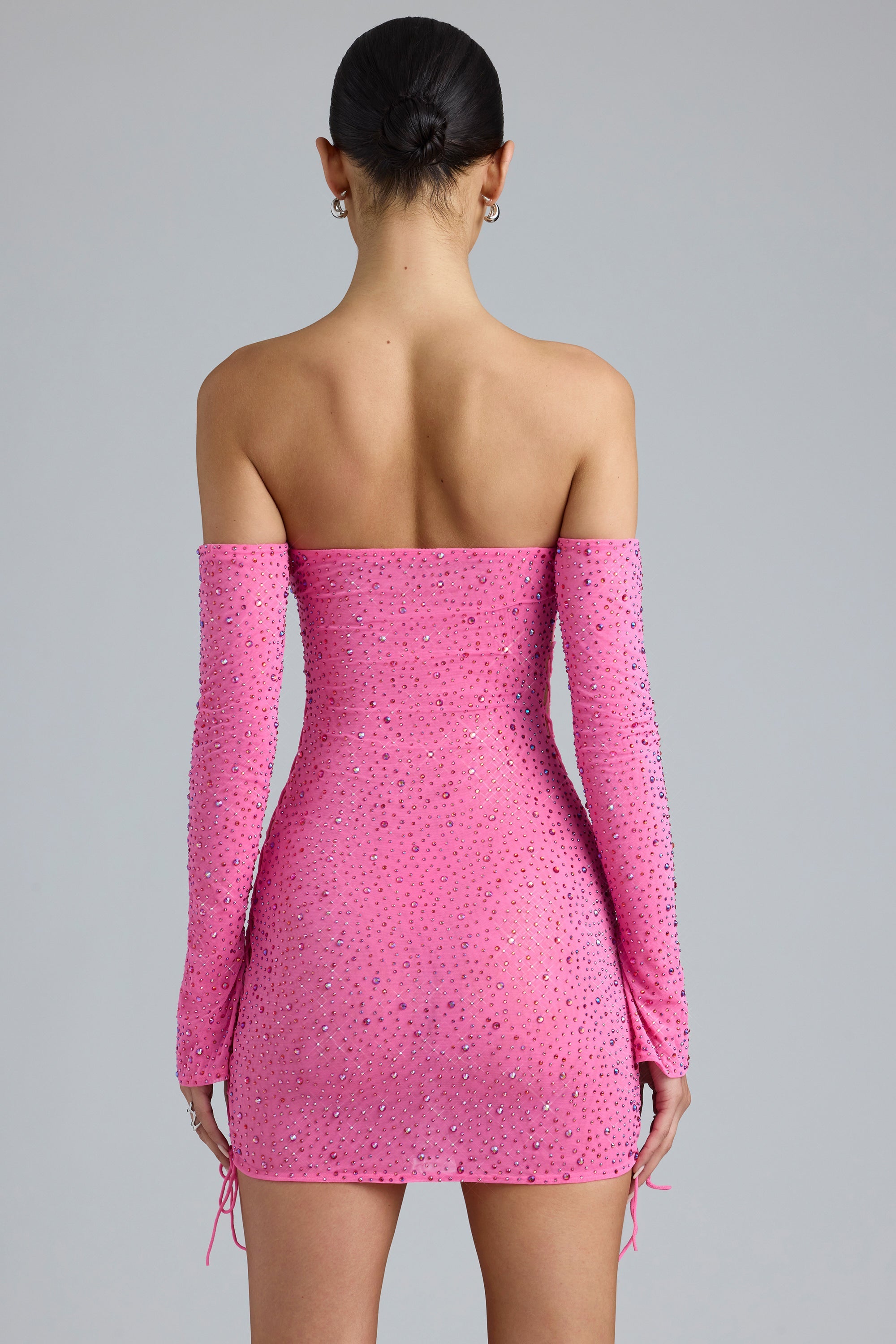 Embellished Lace-Up Off-Shoulder Mini Dress in Bubblegum Pink - 2