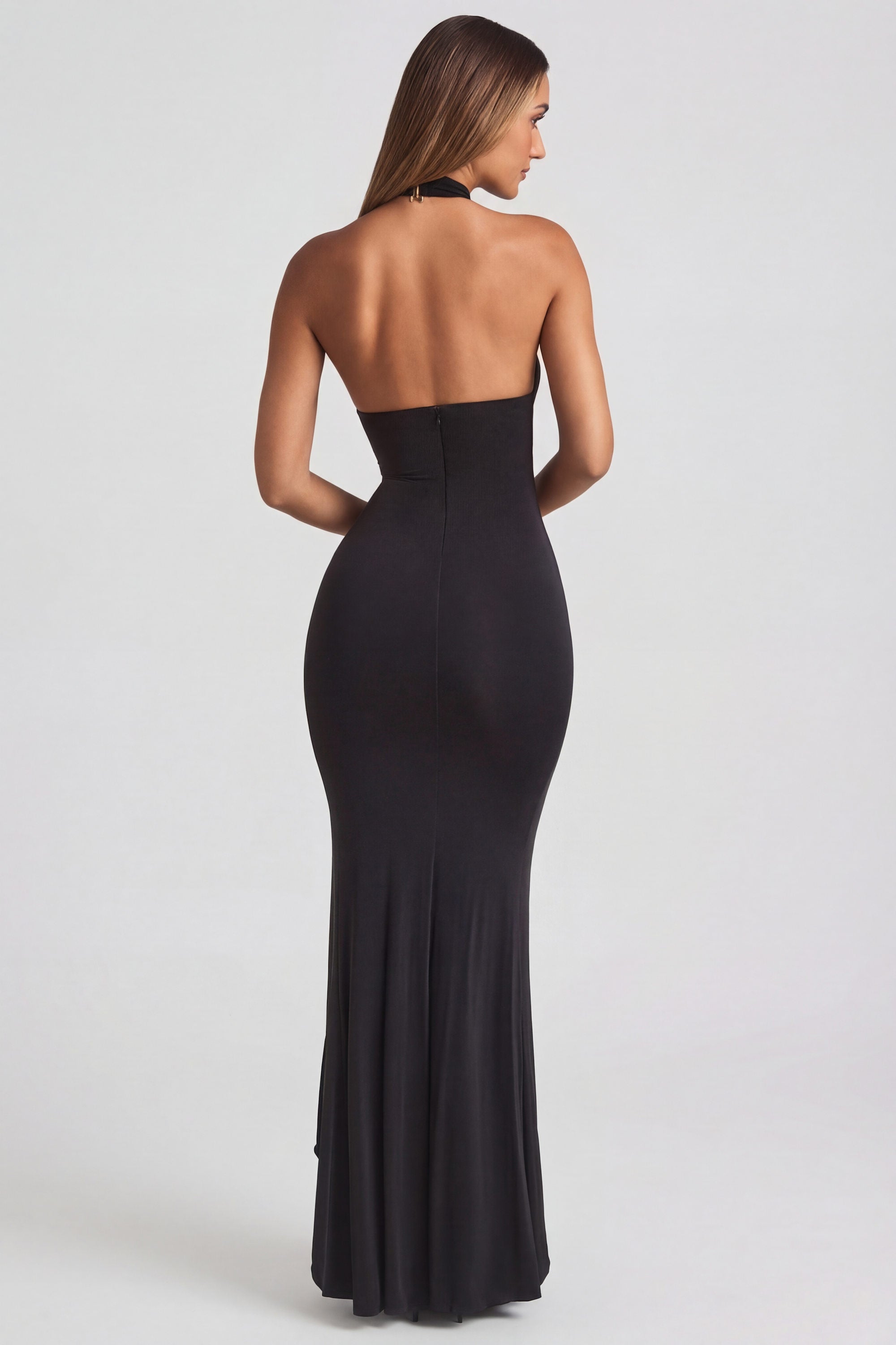 Ruffle-Trim Halterneck Gown in Black - 2