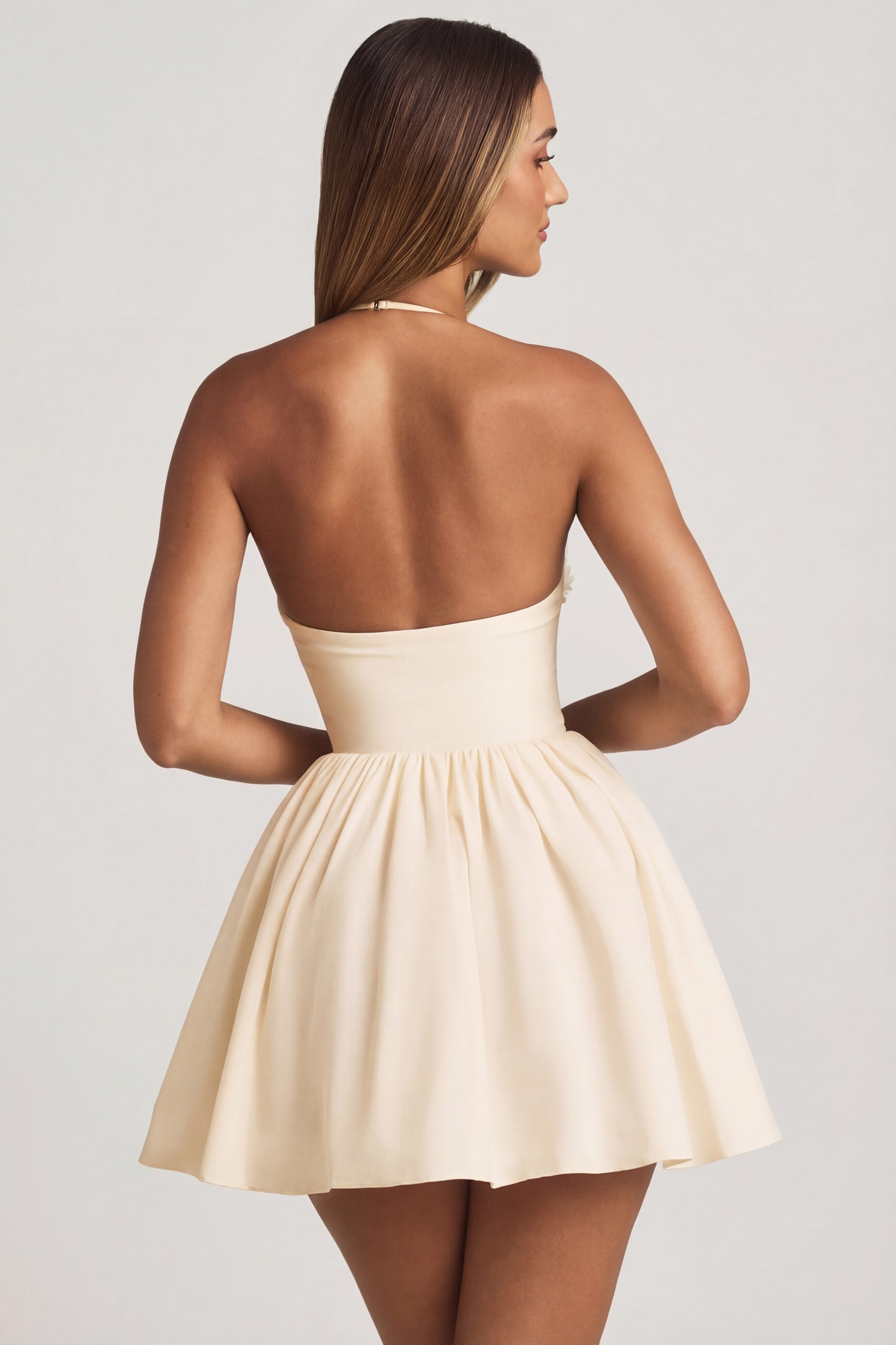Halterneck Floral-Appliqué Corset Mini Dress in Ivory - 2