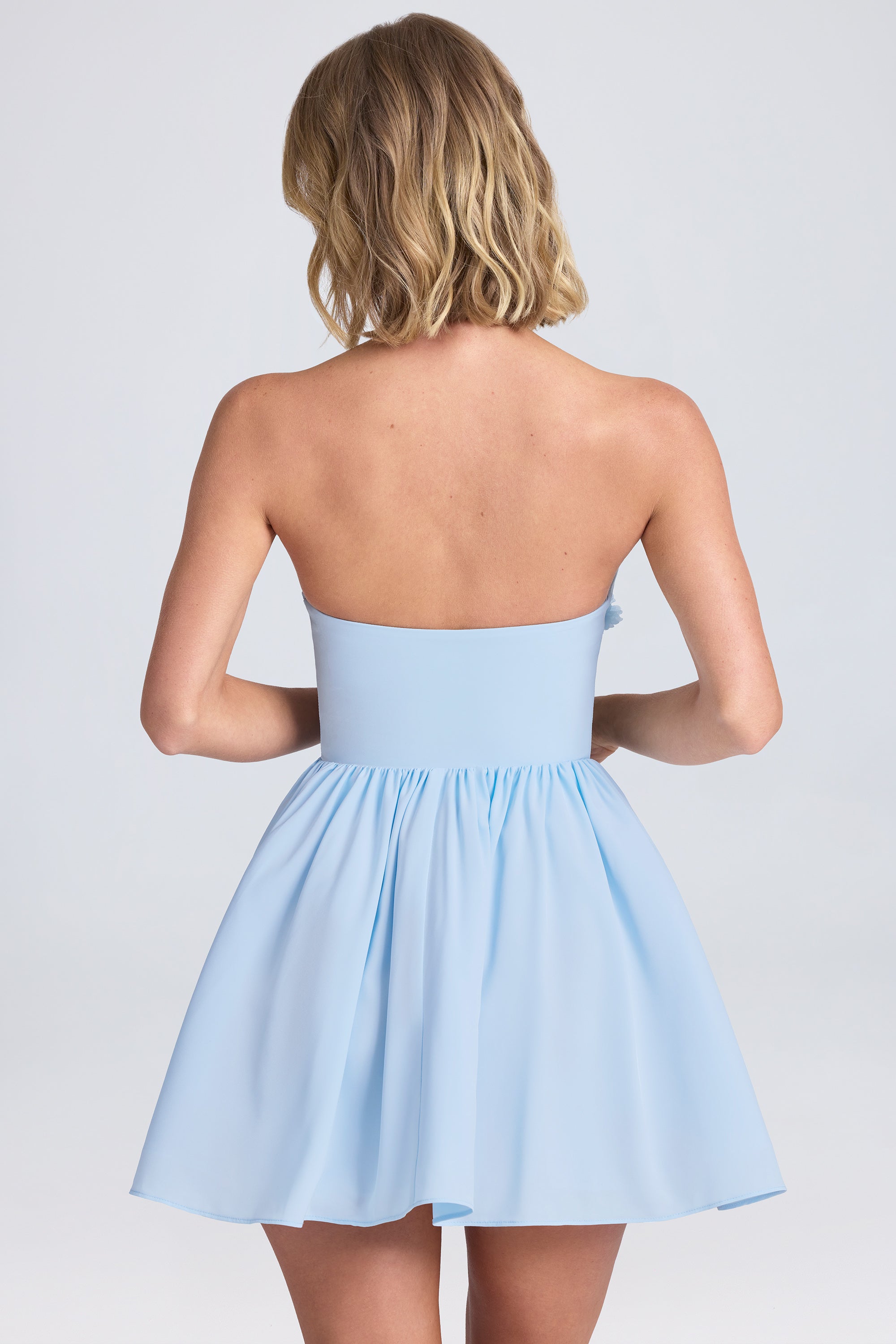 Halterneck Floral-Appliqué Corset Mini Dress in Powder Blue - 2