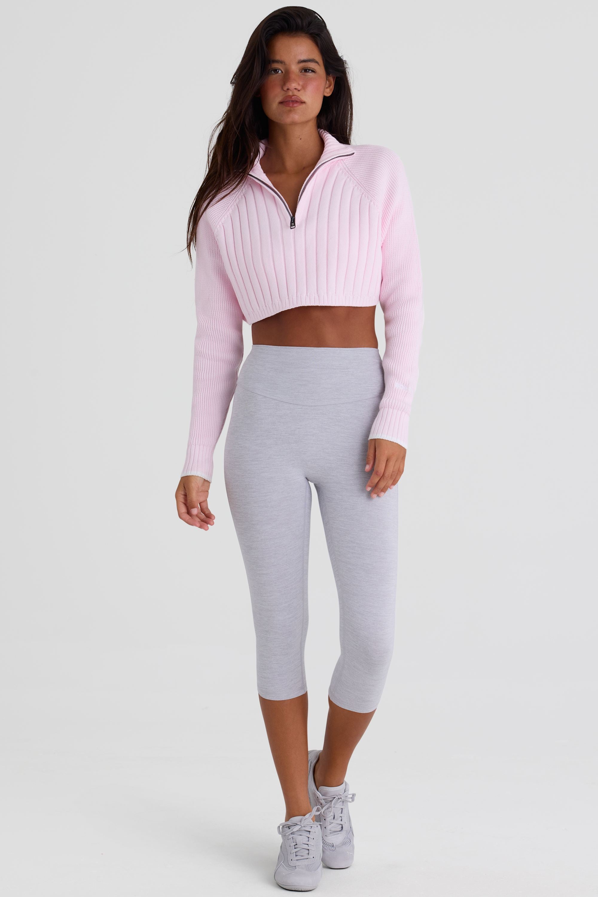 Ribbed Knit Quarter-Zip Cropped Jumper in Powder Pink