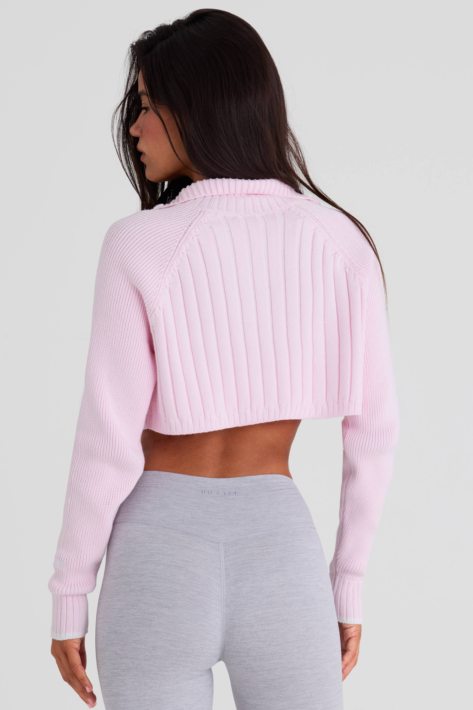 Ribbed Knit Quarter-Zip Cropped Jumper in Powder Pink