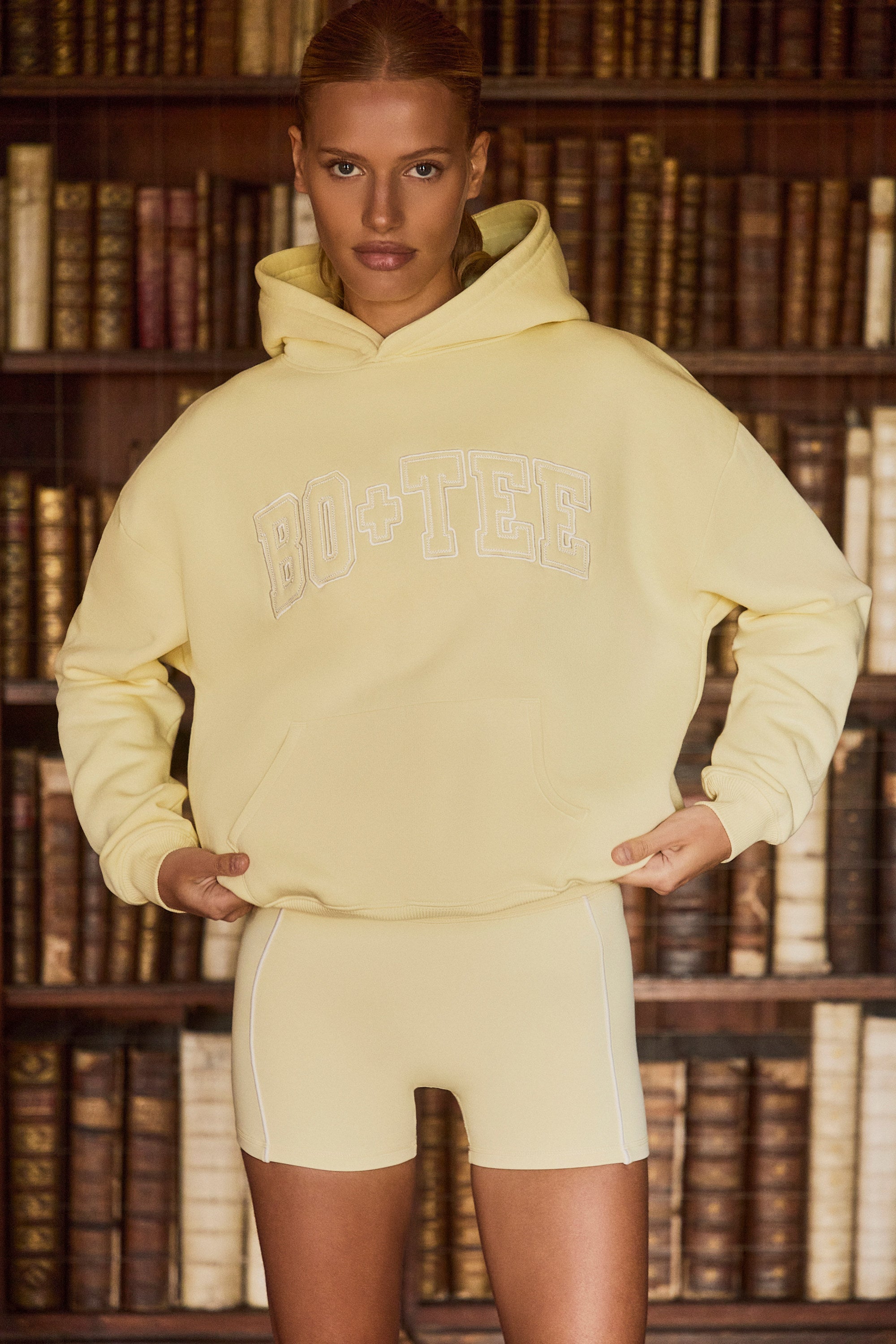 Embroidered Oversized Hoodie in Soft Yellow - 1