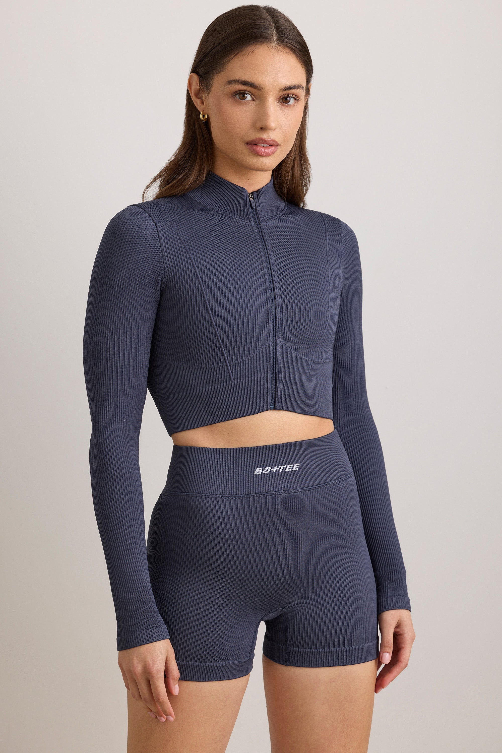 FlexiRib Zip-Up Cropped Jacket in Indigo Slate - 1