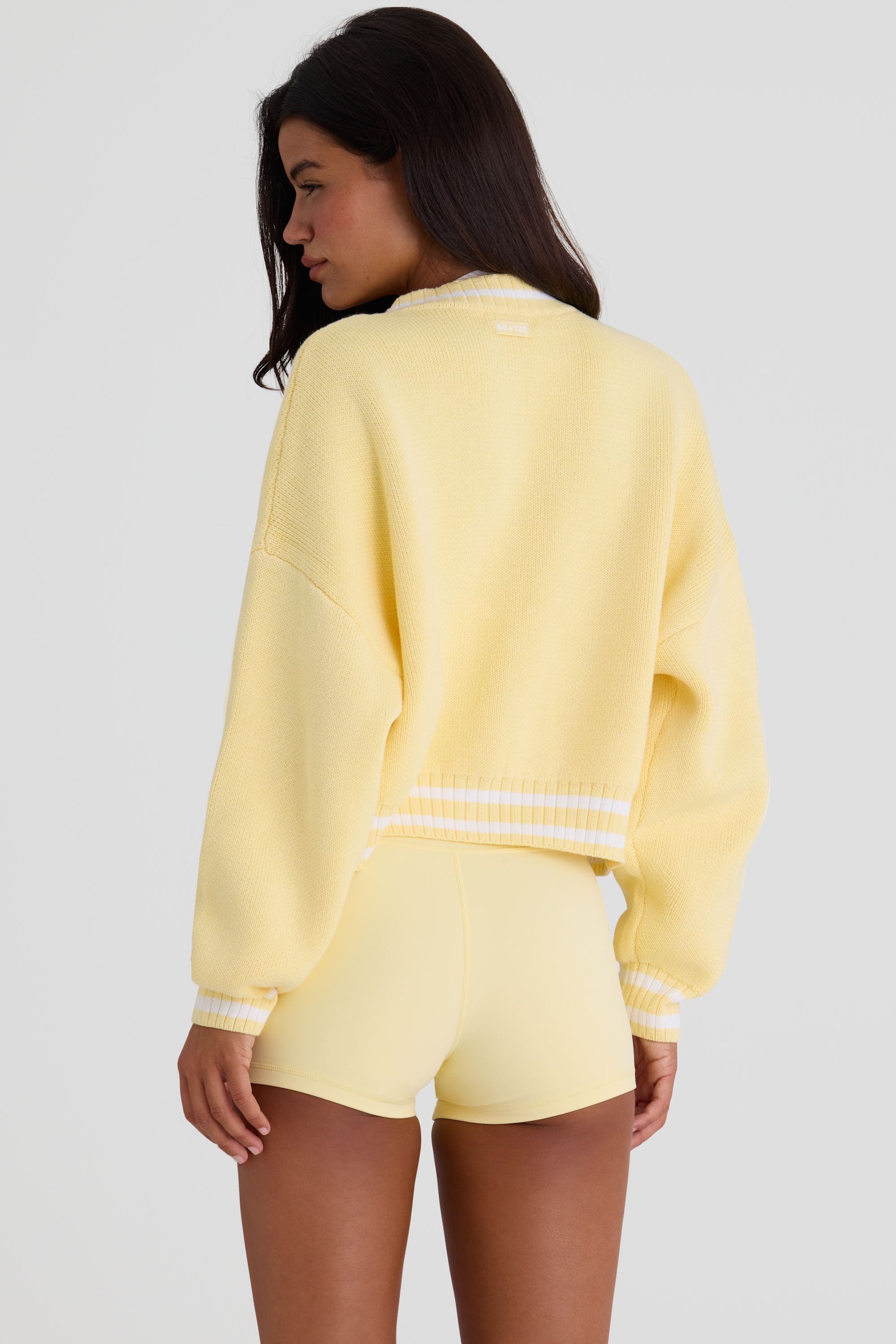 Button-Up Cropped Knit Cardigan in Soft Yellow - 2