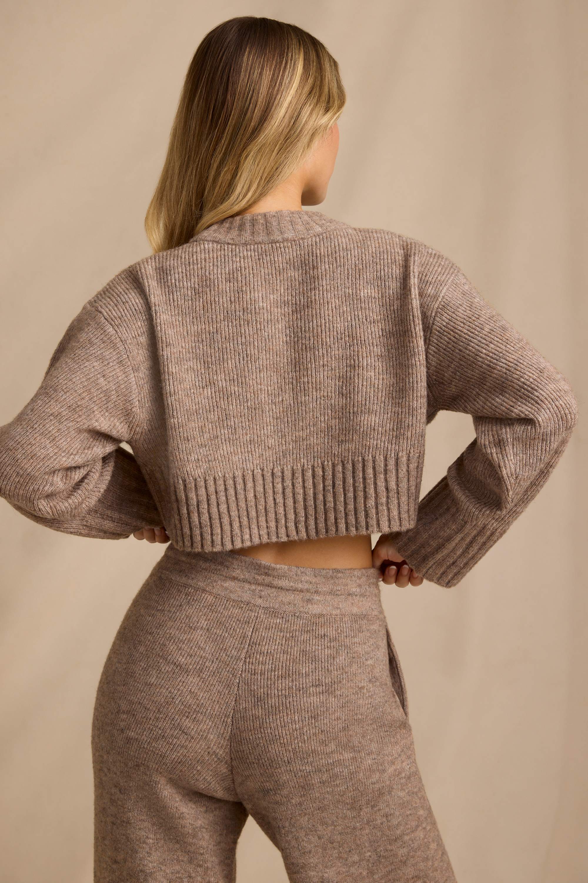 Ribbed Knit Cropped Jumper in Brown Marl - 2