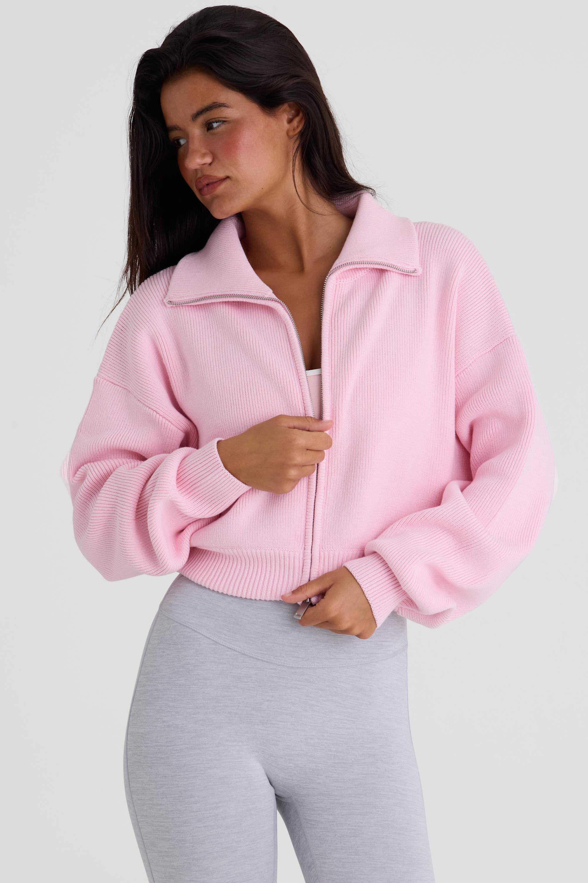 Ribbed Knit Zip-Up Cropped Sweatshirt in Pale Pink
