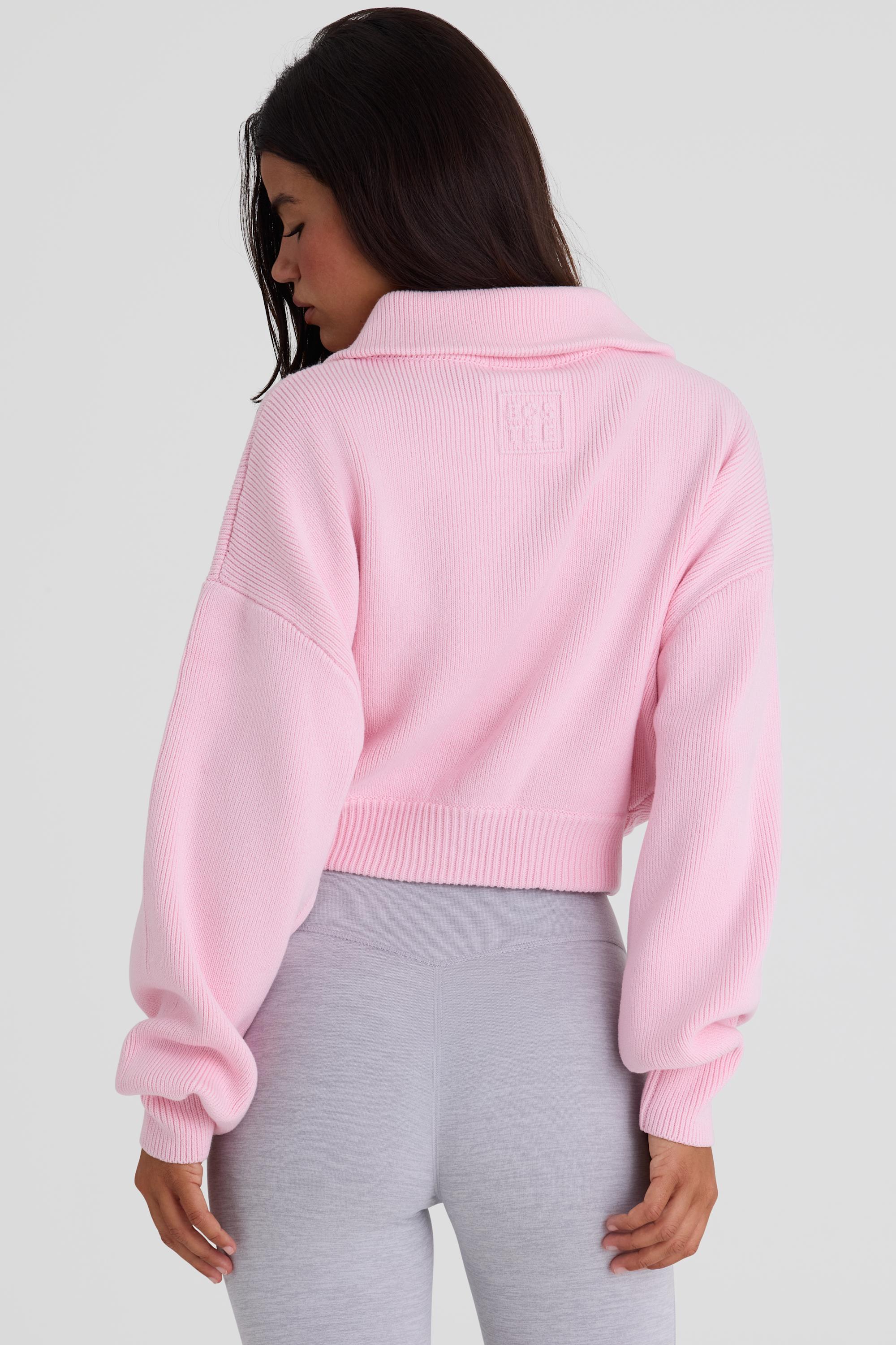 Ribbed Knit Zip-Up Cropped Sweatshirt in Pale Pink