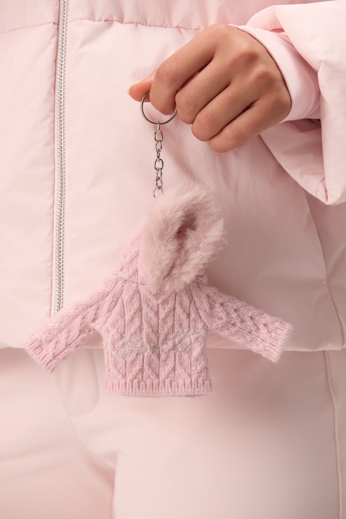 Cable Knit Hoodie Keychain in Powder Pink - 1