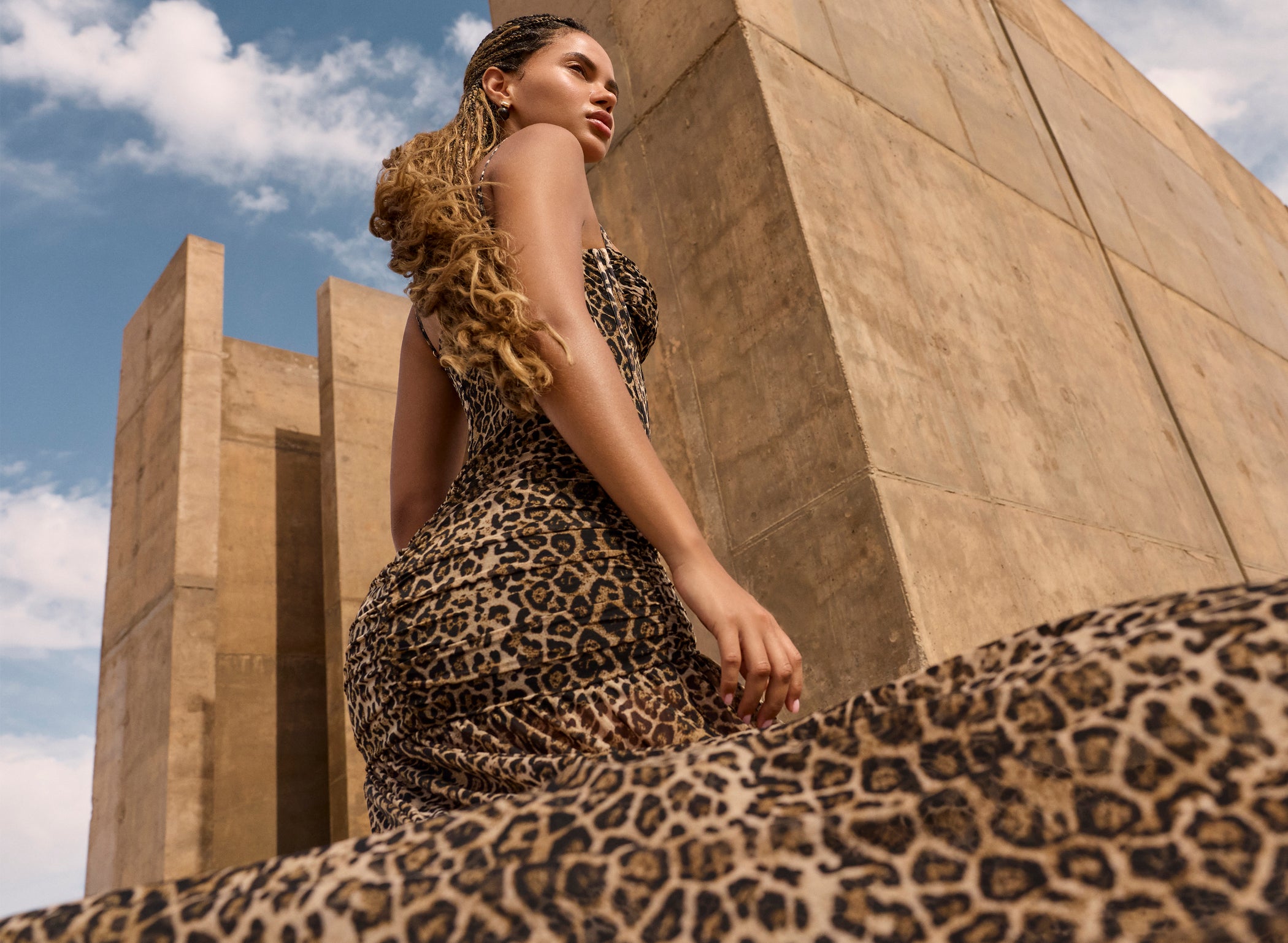 Ruched Asymmetric Corset Gown in Leopard Print - 1