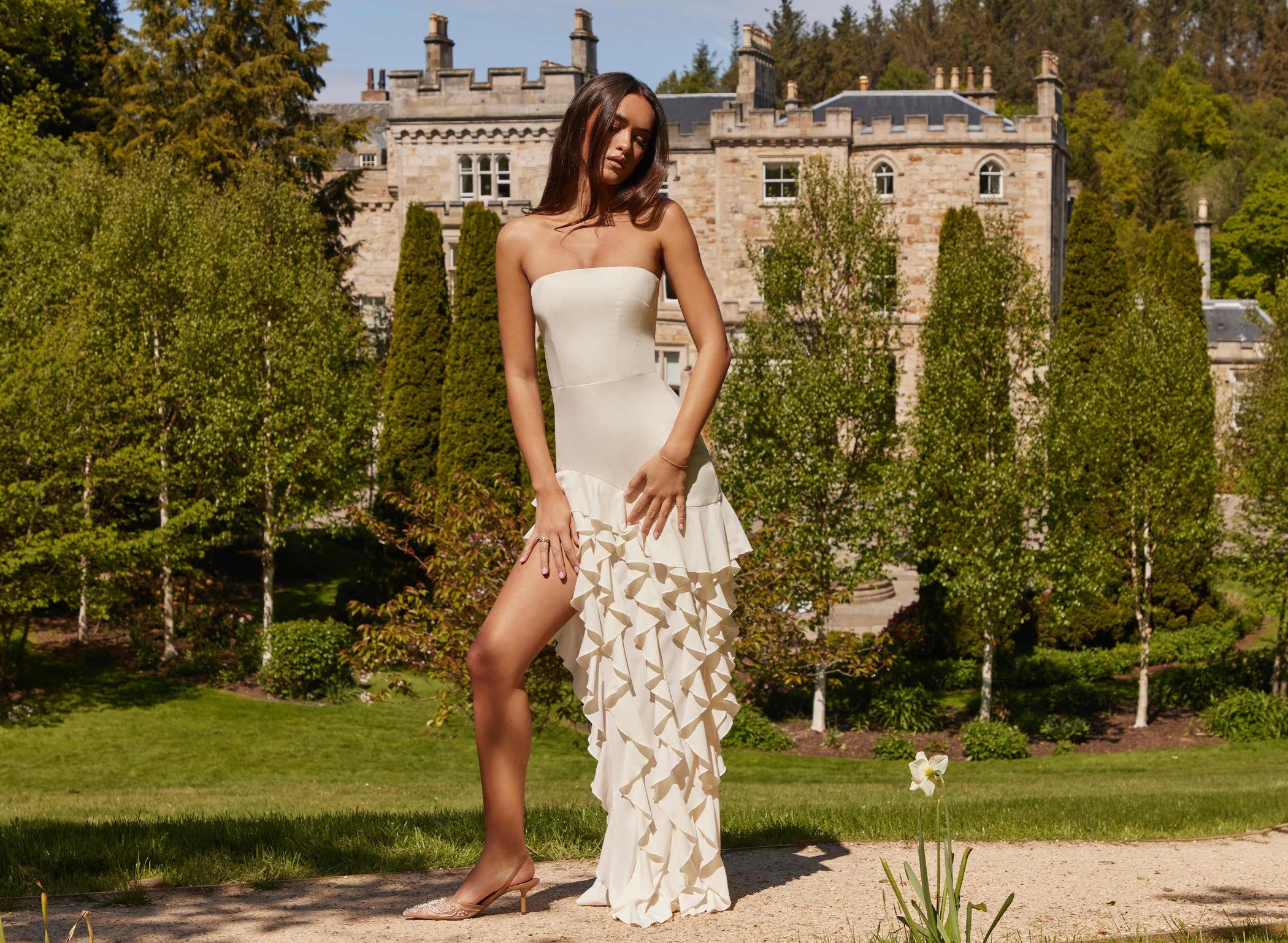 Ruffle-Trim Strapless Gown in Ivory - 1