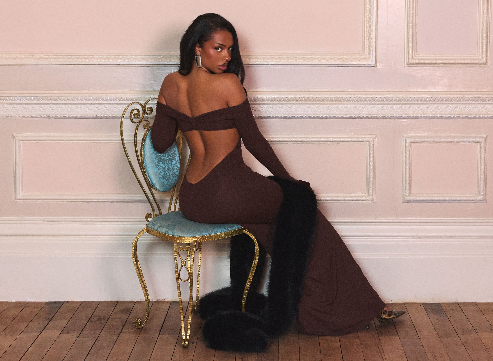 Off-Shoulder Long-Sleeve Maxi Dress in Chocolate Brown - 1