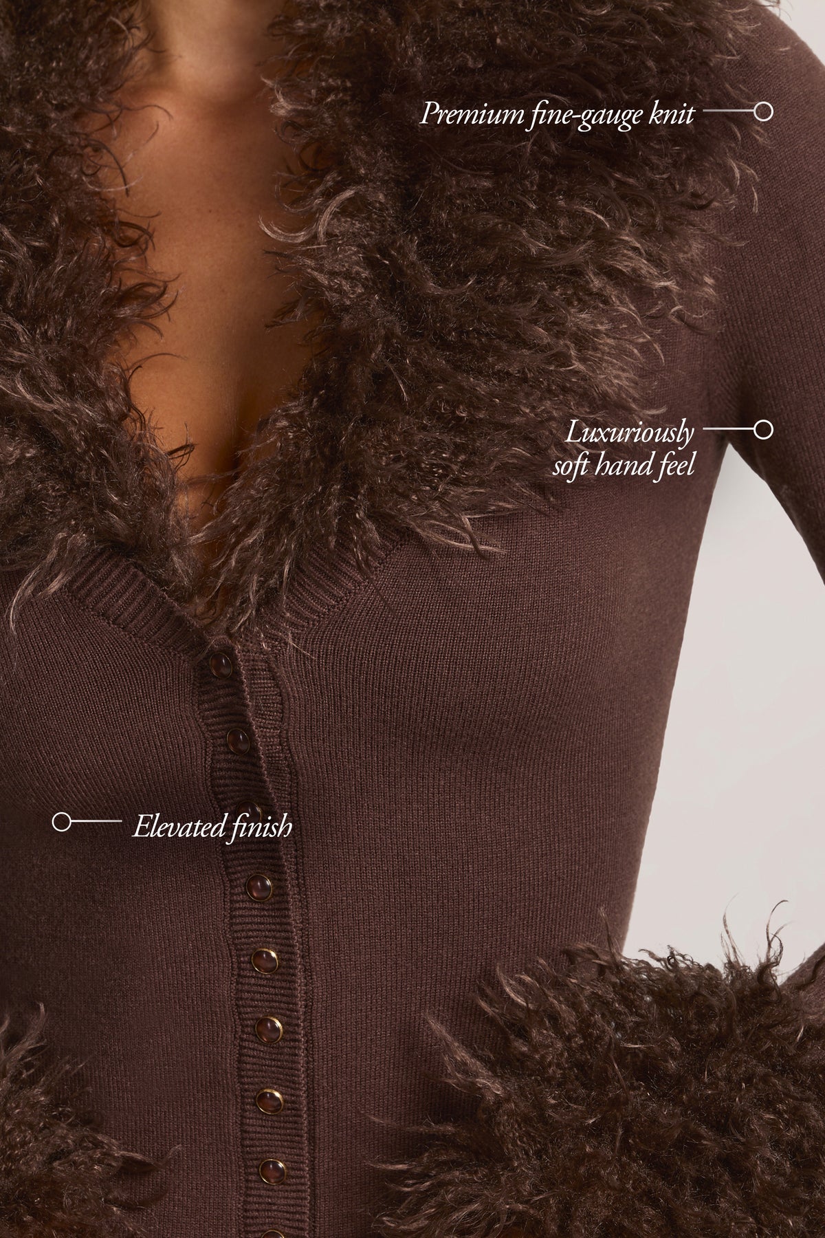 Mongolian Fur-Trim Cardigan in Chocolate Brown - 1