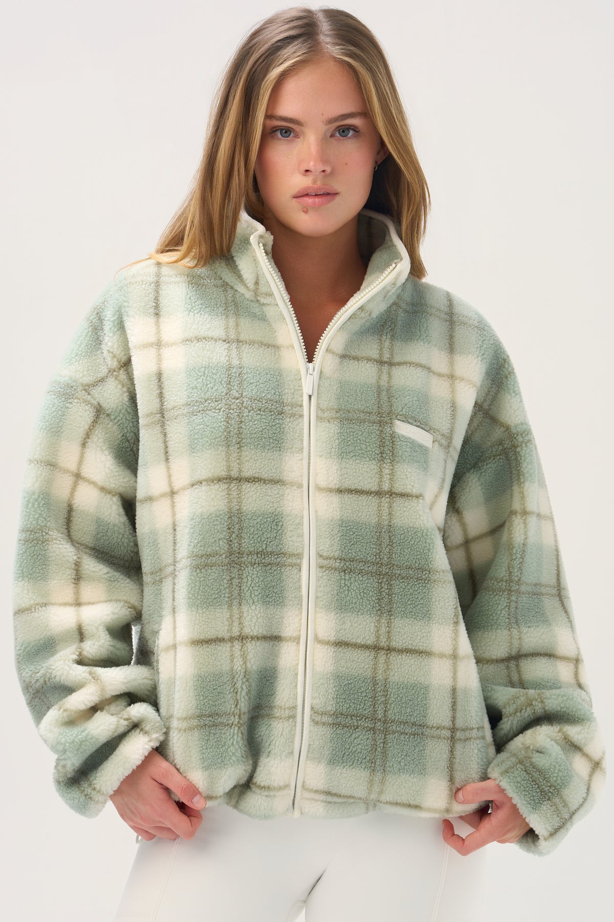 Oversized Zip-Up Fleece in Matcha Plaid - 2