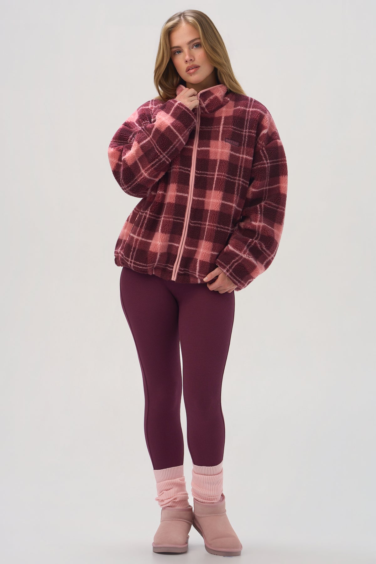 Oversized Zip-Up Fleece in Plum Plaid - 1