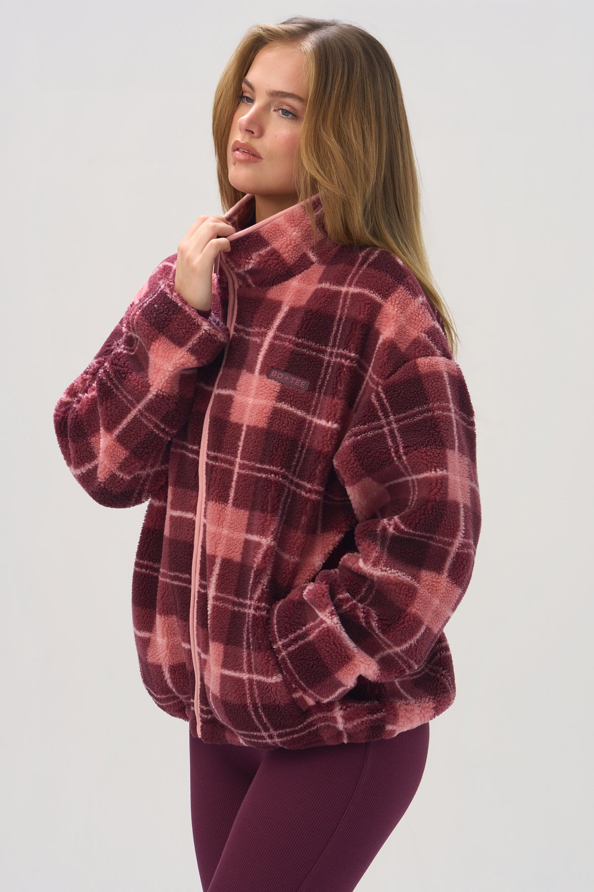 Oversized Zip-Up Fleece in Plum Plaid - 2