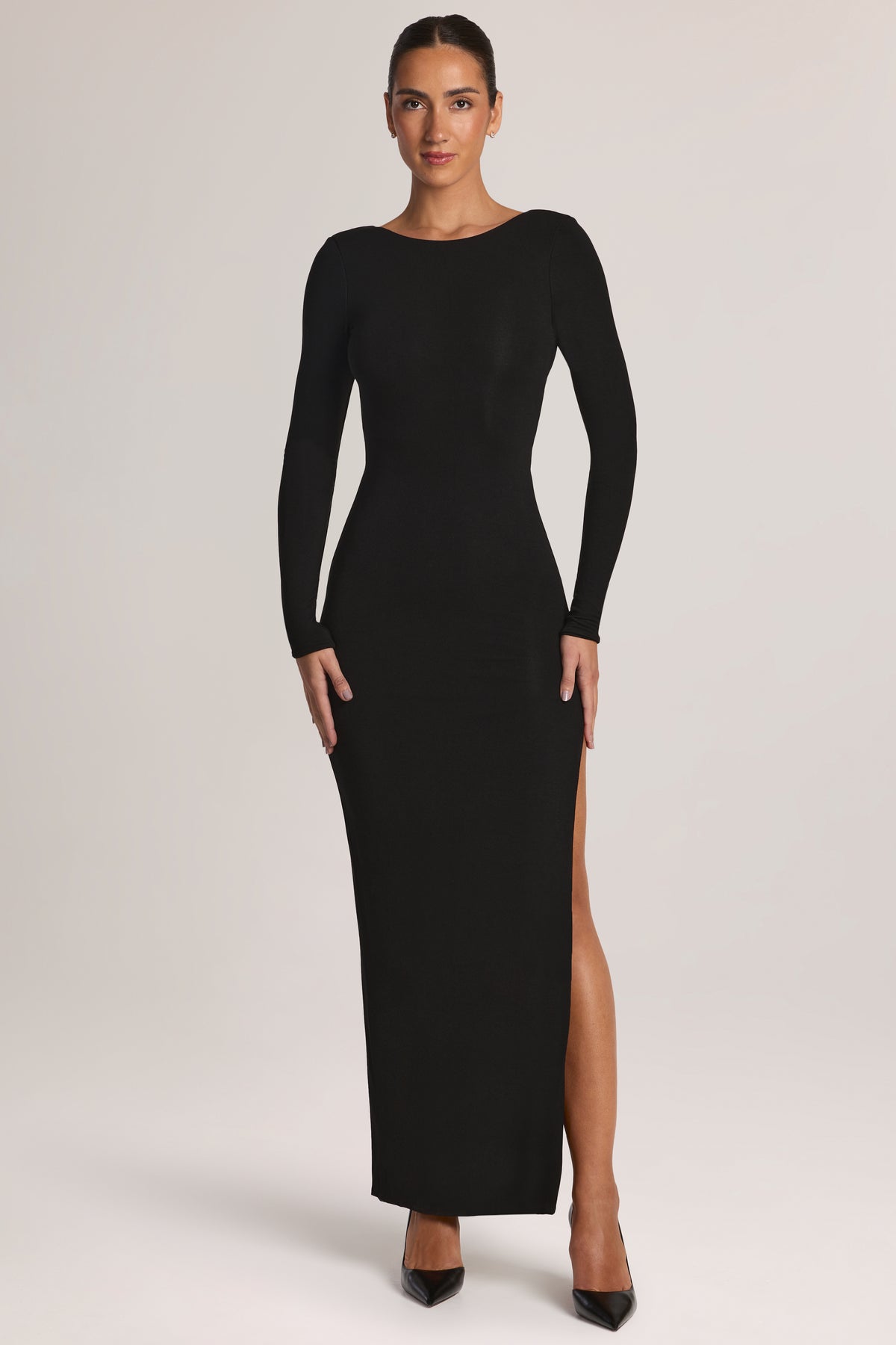 Modal Long-Sleeve Backless Maxi Dress in Black