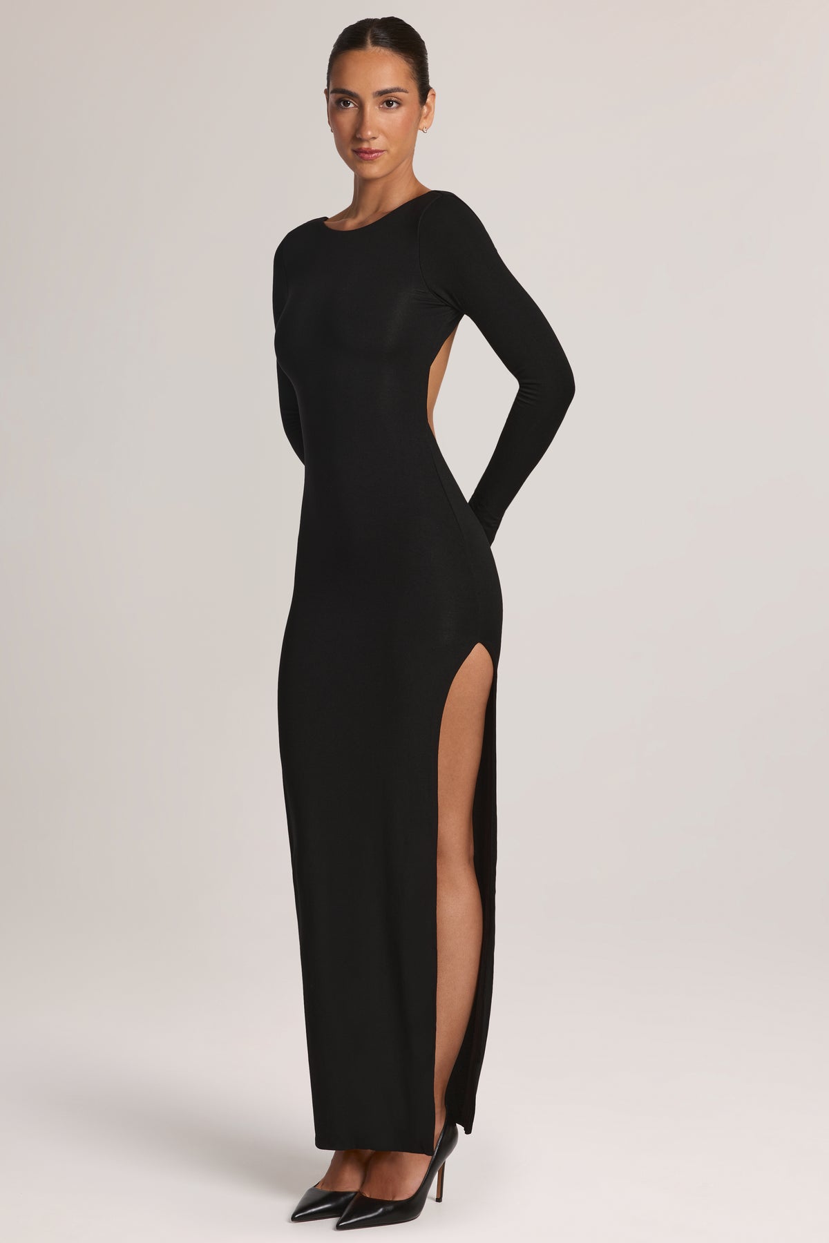 Modal Long-Sleeve Backless Maxi Dress in Black - 1
