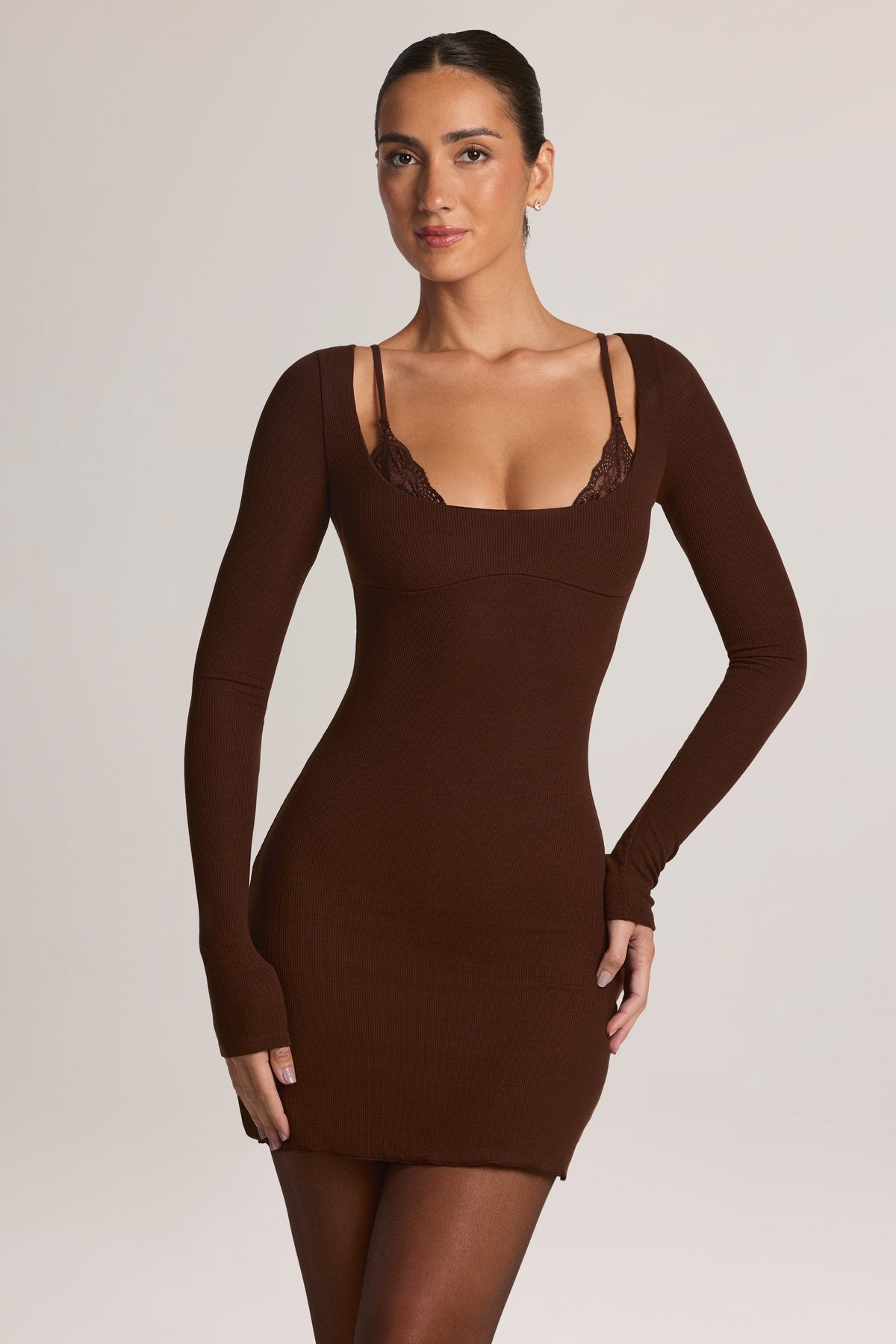 Modal Long-Sleeve Peekabo Lace Mini Dress in Chocolate Brown - 1