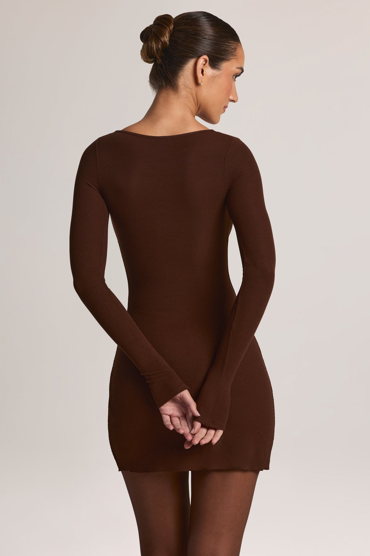 Modal Long-Sleeve Peekabo Lace Mini Dress in Chocolate Brown - 2