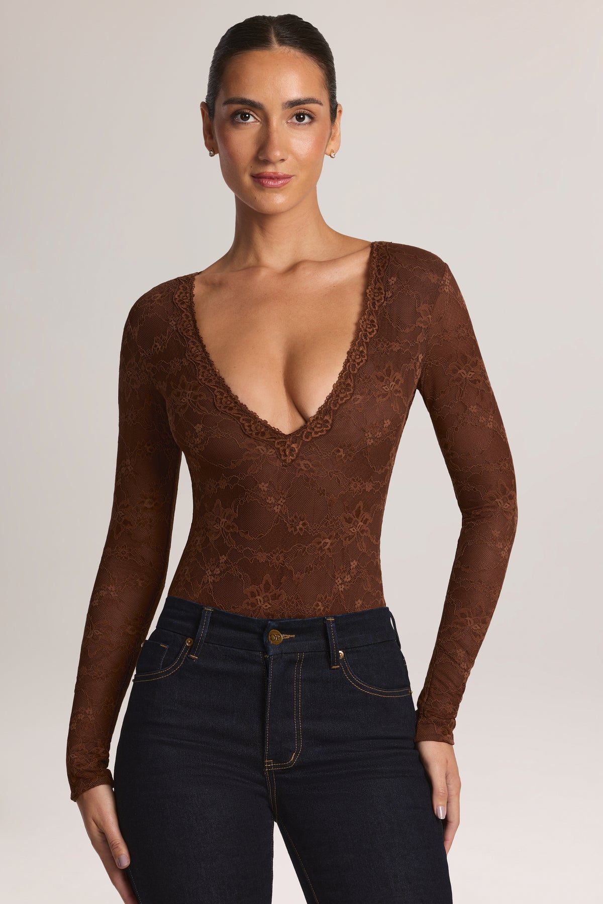 Lace Long-Sleeve Bodysuit in Cocoa Brown - 1