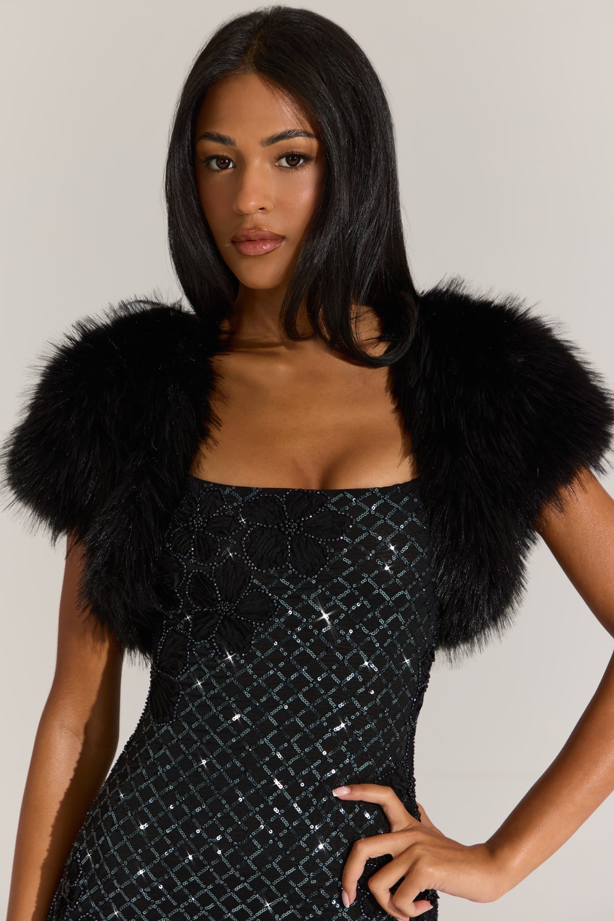 Faux-Fur Short Sleeve Bolero in Black - 1